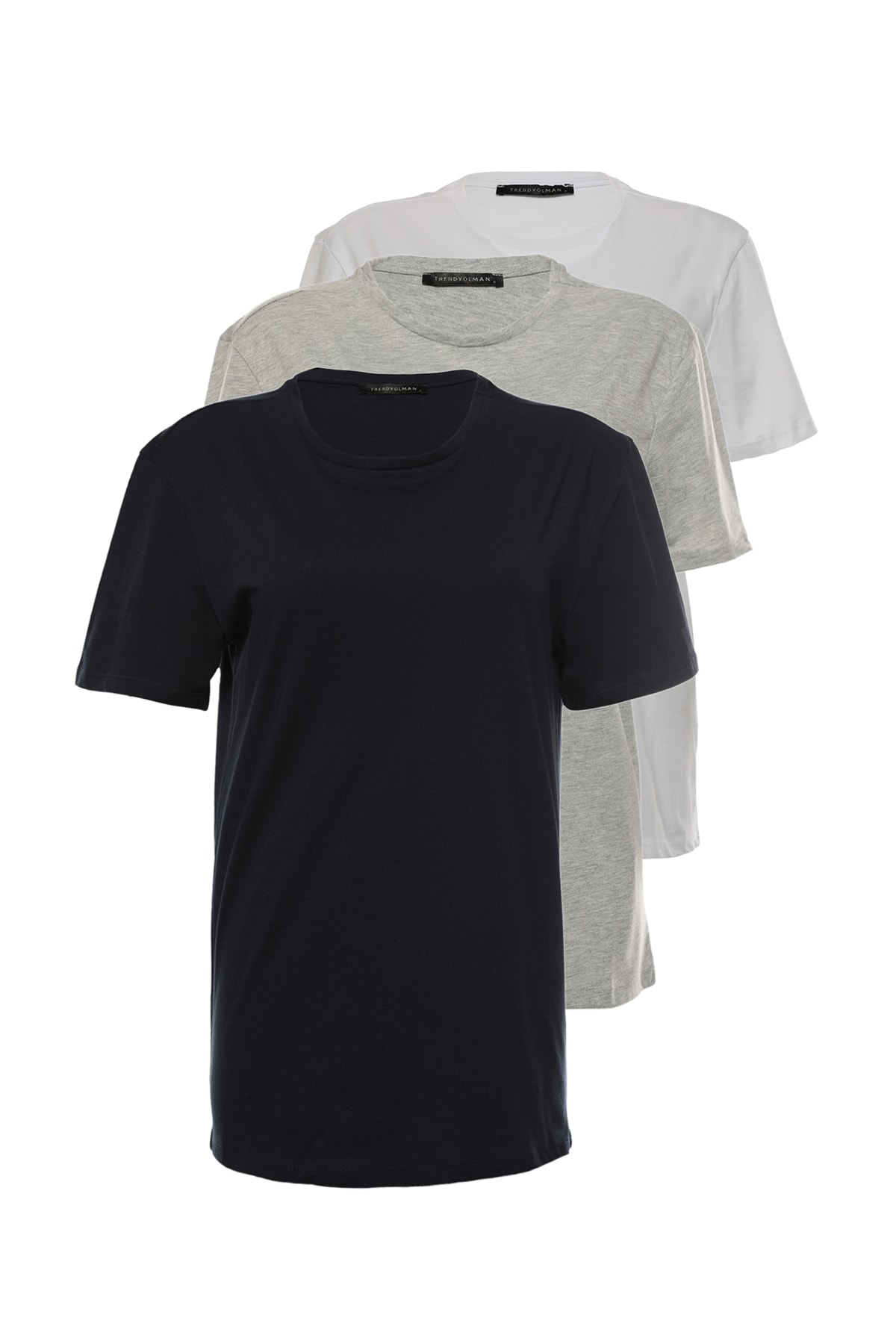 Trendyol Navy Blue-Grey-White Men's Basic Slim/Slim Fit 100% Cotton 3-Pack Crew Neck Short Sleeve T-Shirt