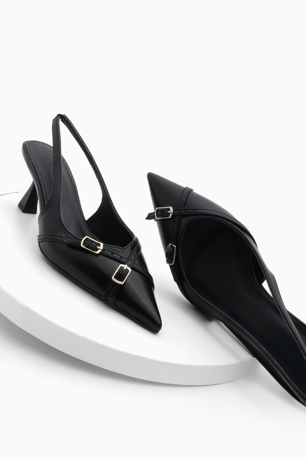 Marjin Women's Stiletto Pointed Toe Open Back Thin Heel Heel Shoes Pouch Black