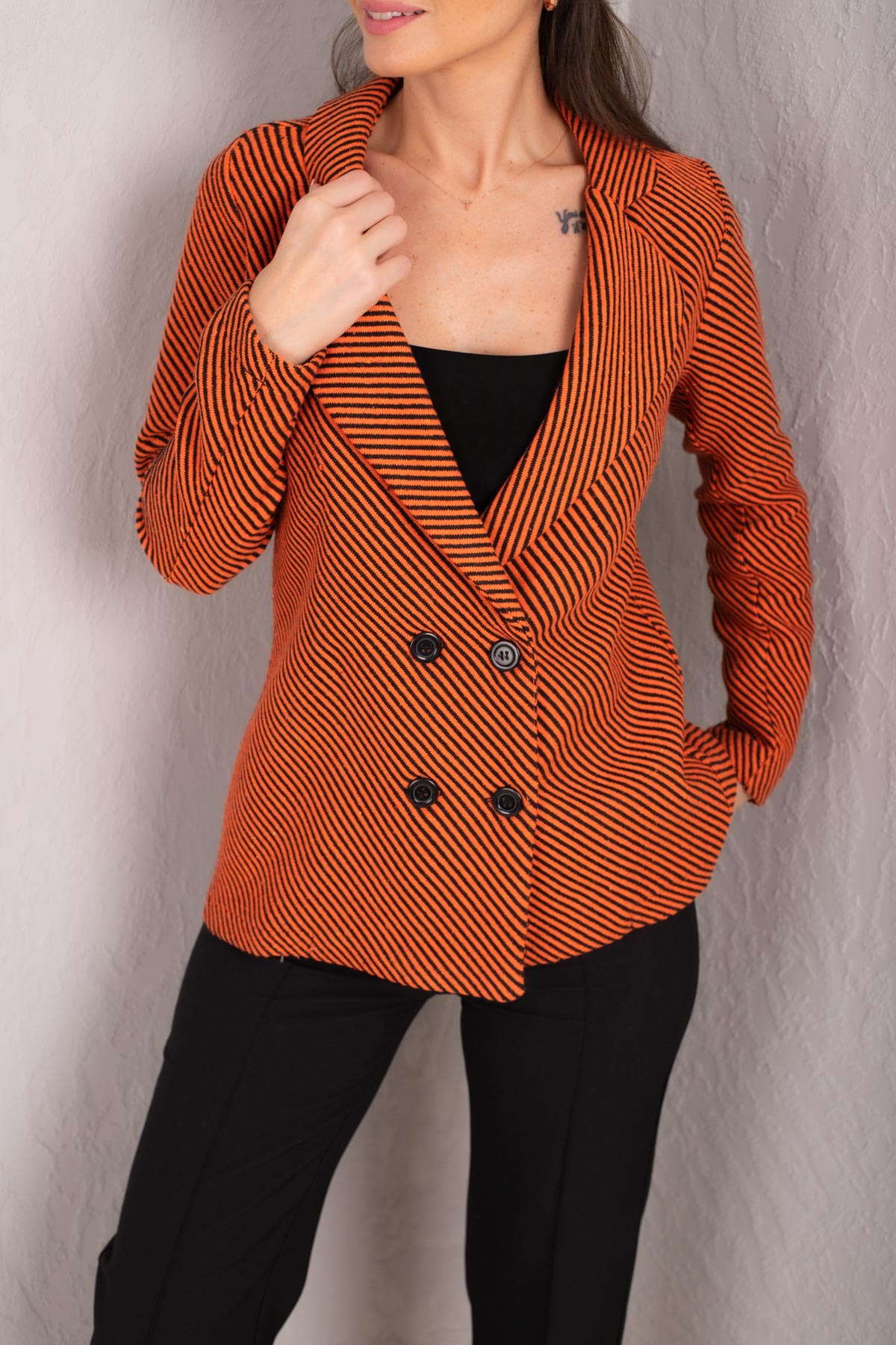 Levně armonika Women's Orange Striped Patterned Four Button Cachet Jacket