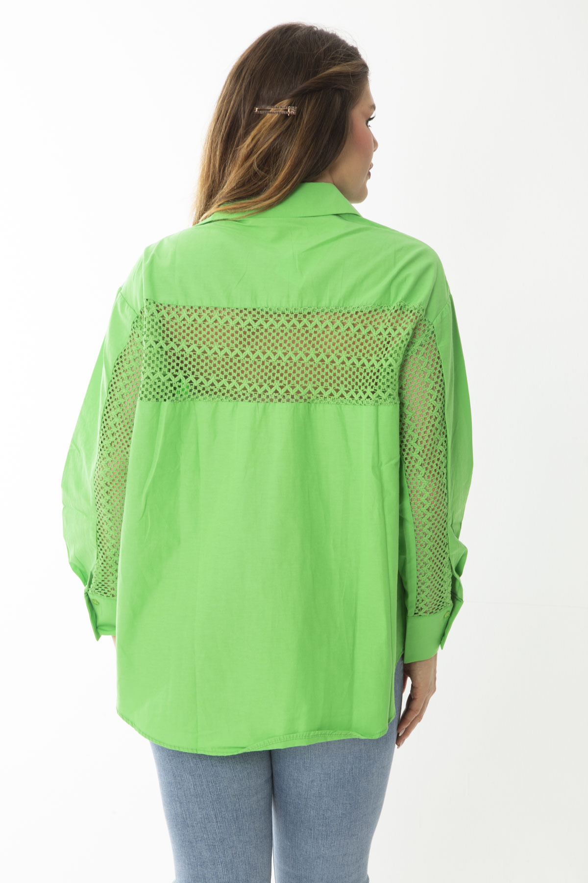 Levně Şans Women's Plus Size Green Back Lace Detail Long Sleeve Shirt