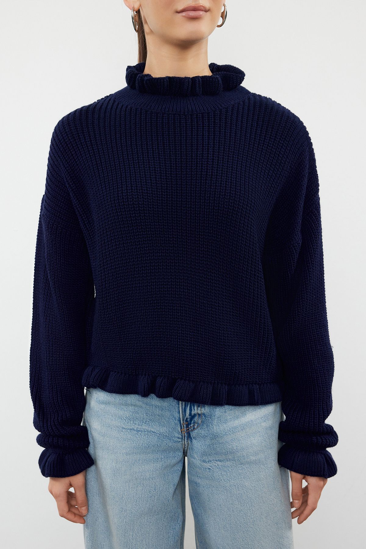 Trendyol Navy Blue Crop Ruffle Detailed Knitwear Sweater