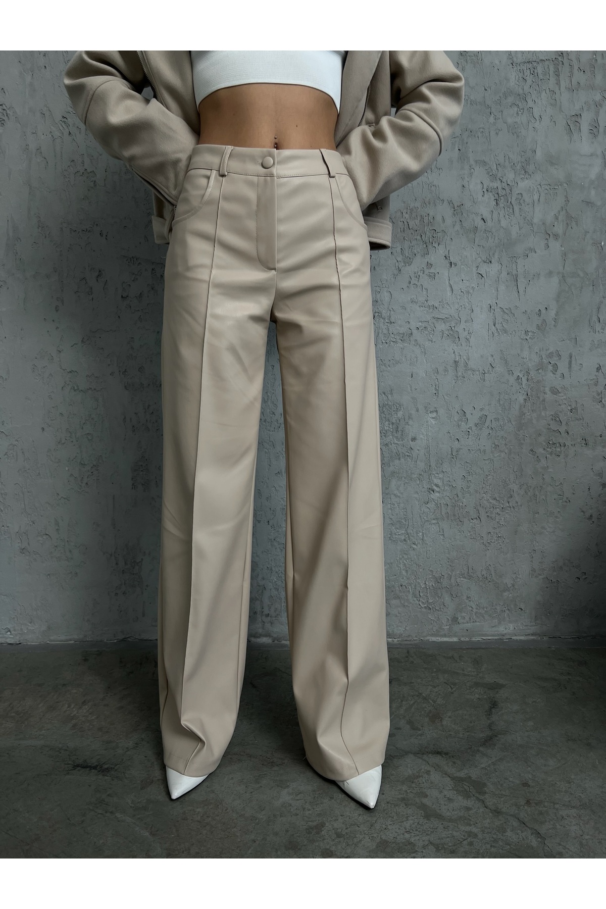 Laluvia Stone Front Stitched Palazzo Leather Trousers