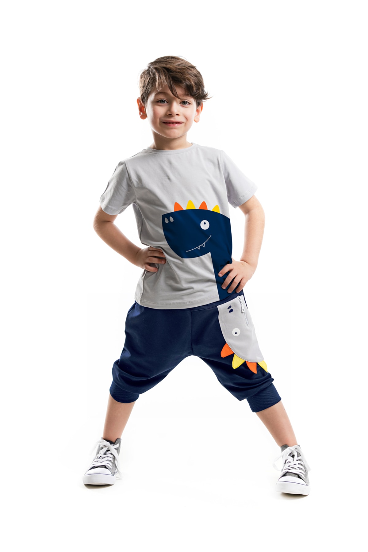 Denokids Zipper Dino Boys T-shirt Capri Shorts Set