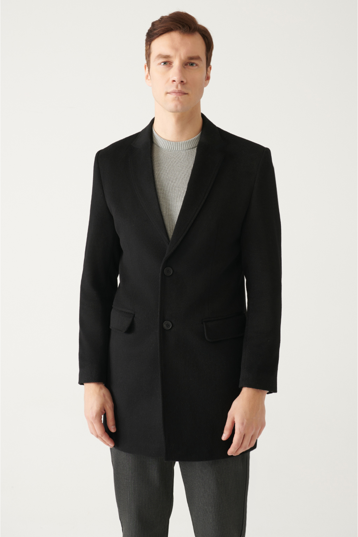 Levně Avva Men's Black Slit Woolen Cachet Comfort Fit Comfort Cut Coat