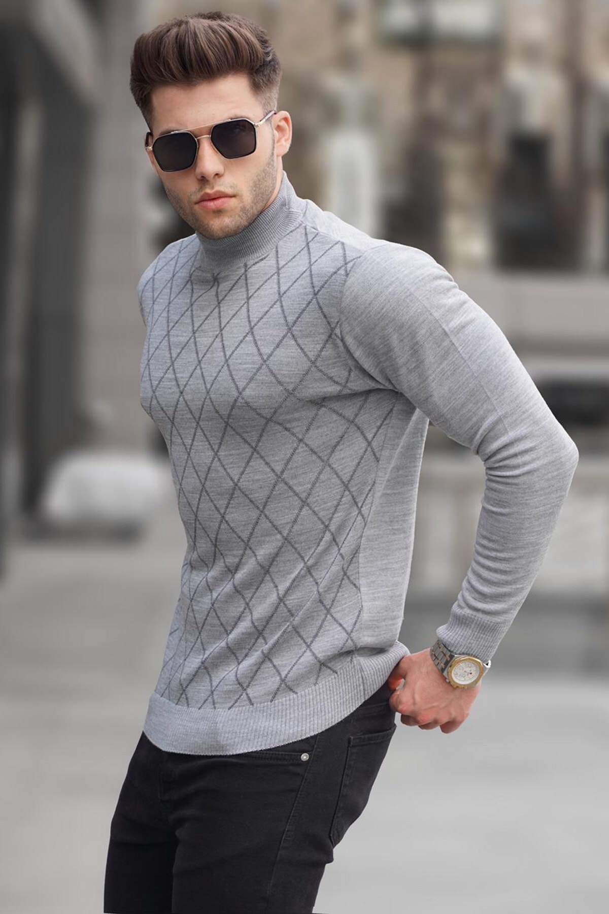 Levně Madmext Gray Turtleneck Knitwear Sweater 5785