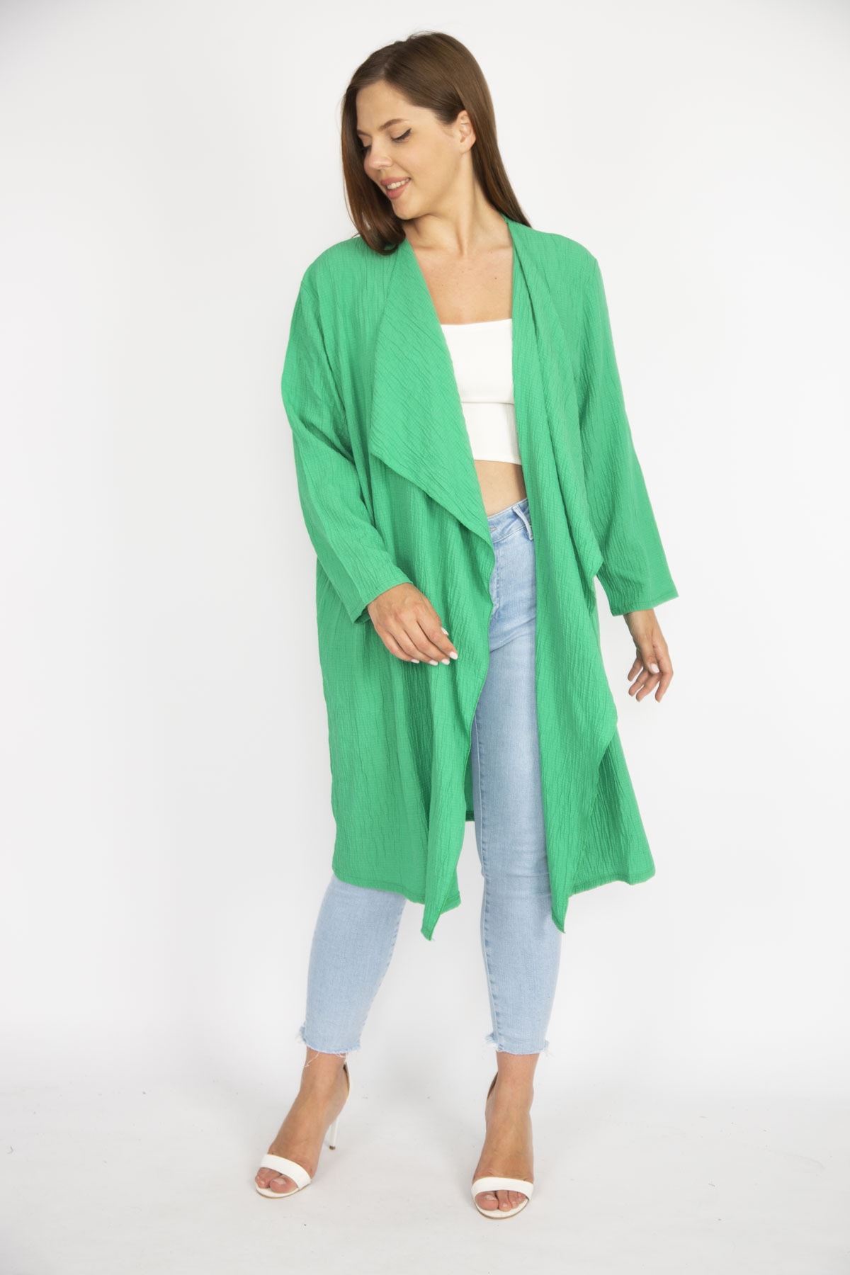 Şans Women's Green Plus Size Turndown Collar Cardigan