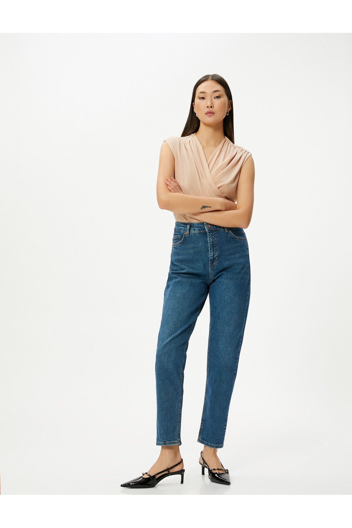 Koton High Waist Mom Jeans with Flexible Pockets, Slim Fit Cotton - Slim Mom Jean