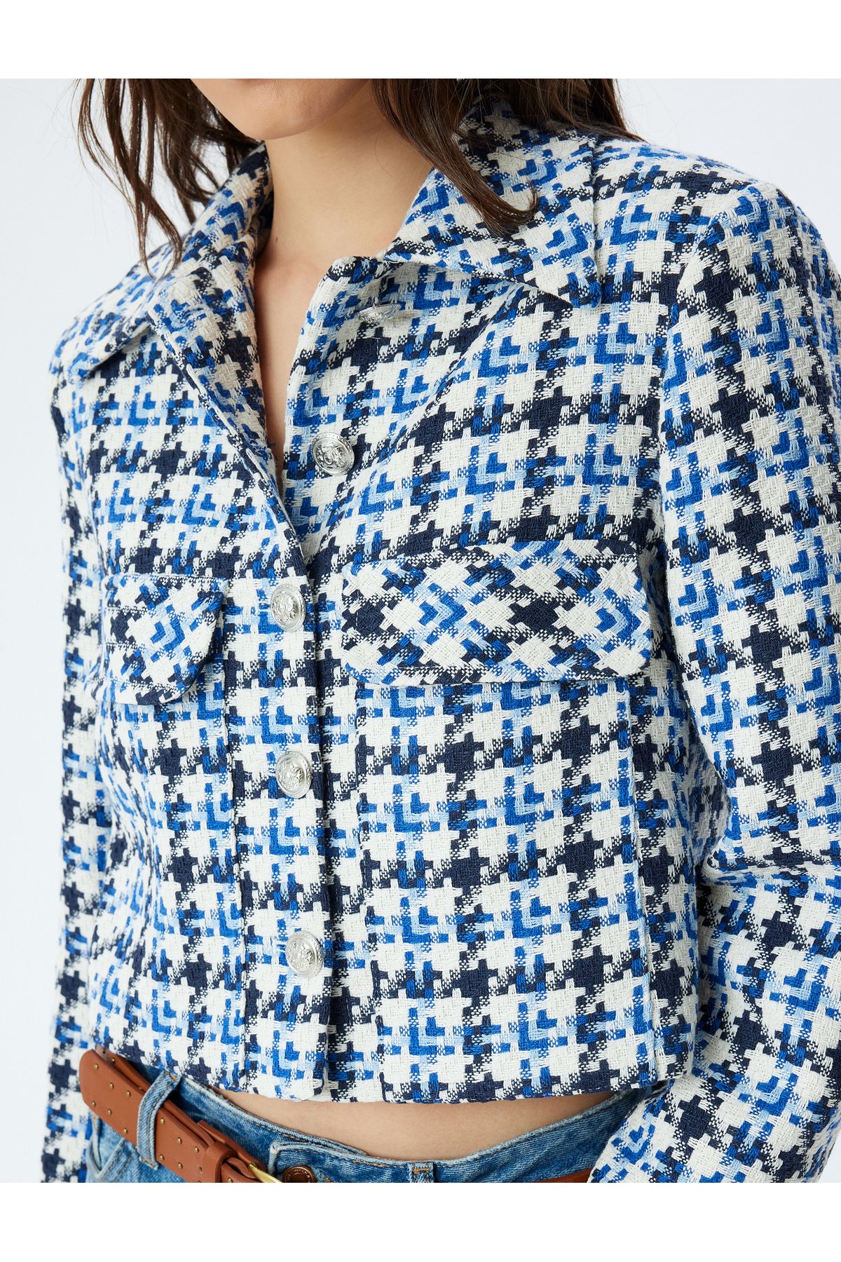 Koton Crop Tweed Jacket Shirt Collar Pocket Detail Buttoned