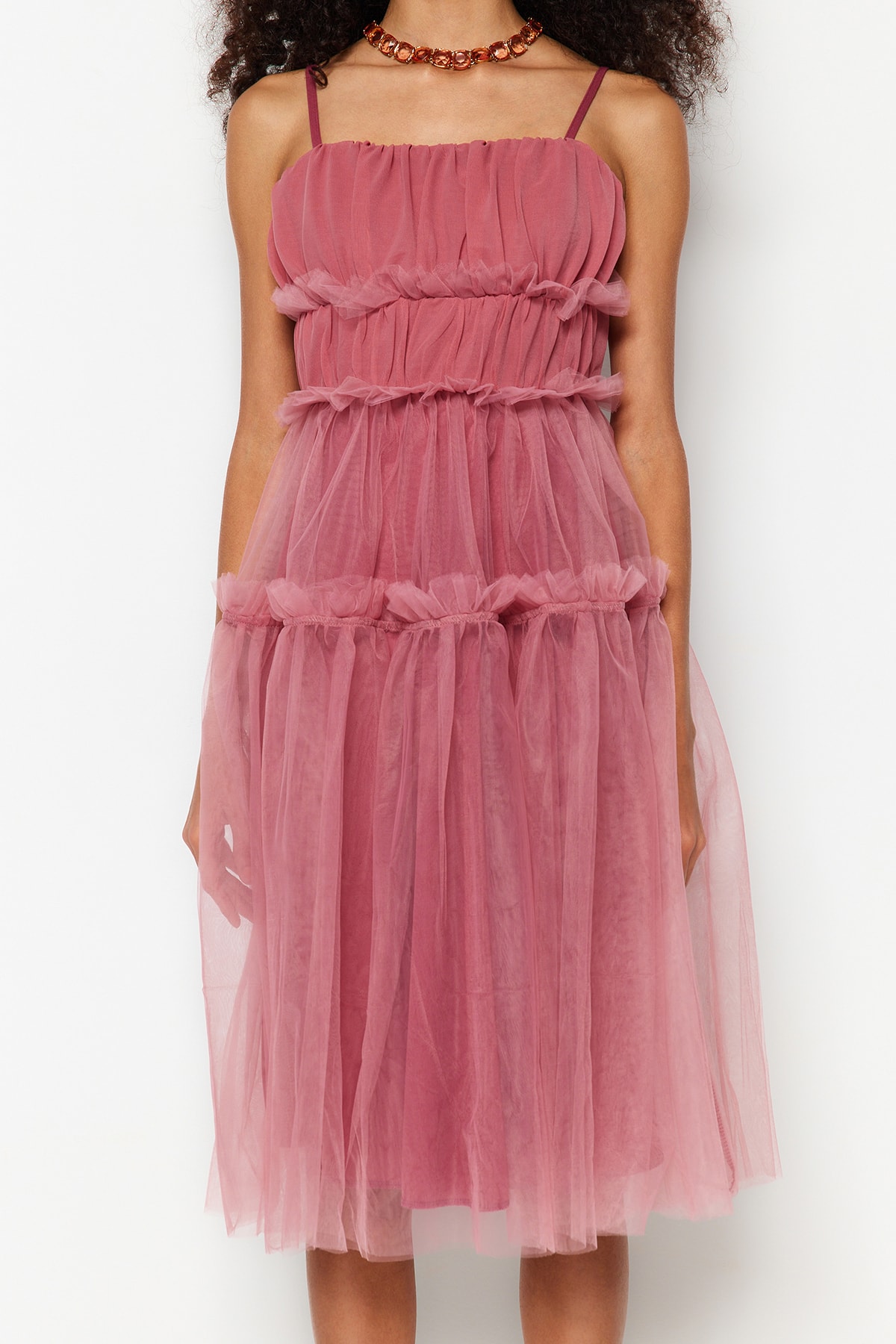 Rochie eleganta de seara Trendyol Dry Rose Tulle care se deschide in talie/patinatoare captusita