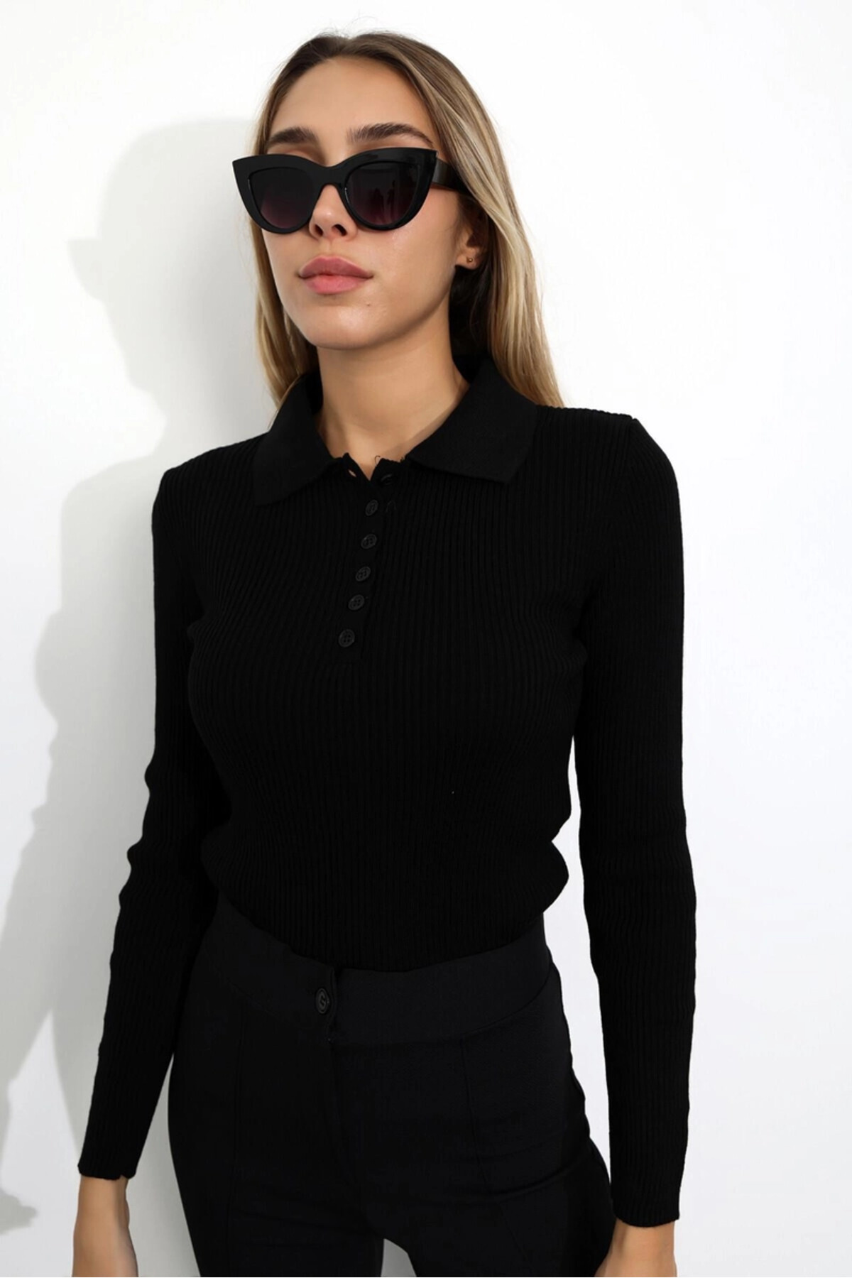 Laluvia Black Polo Neck Buttoned Corduroy Knitted Blouse