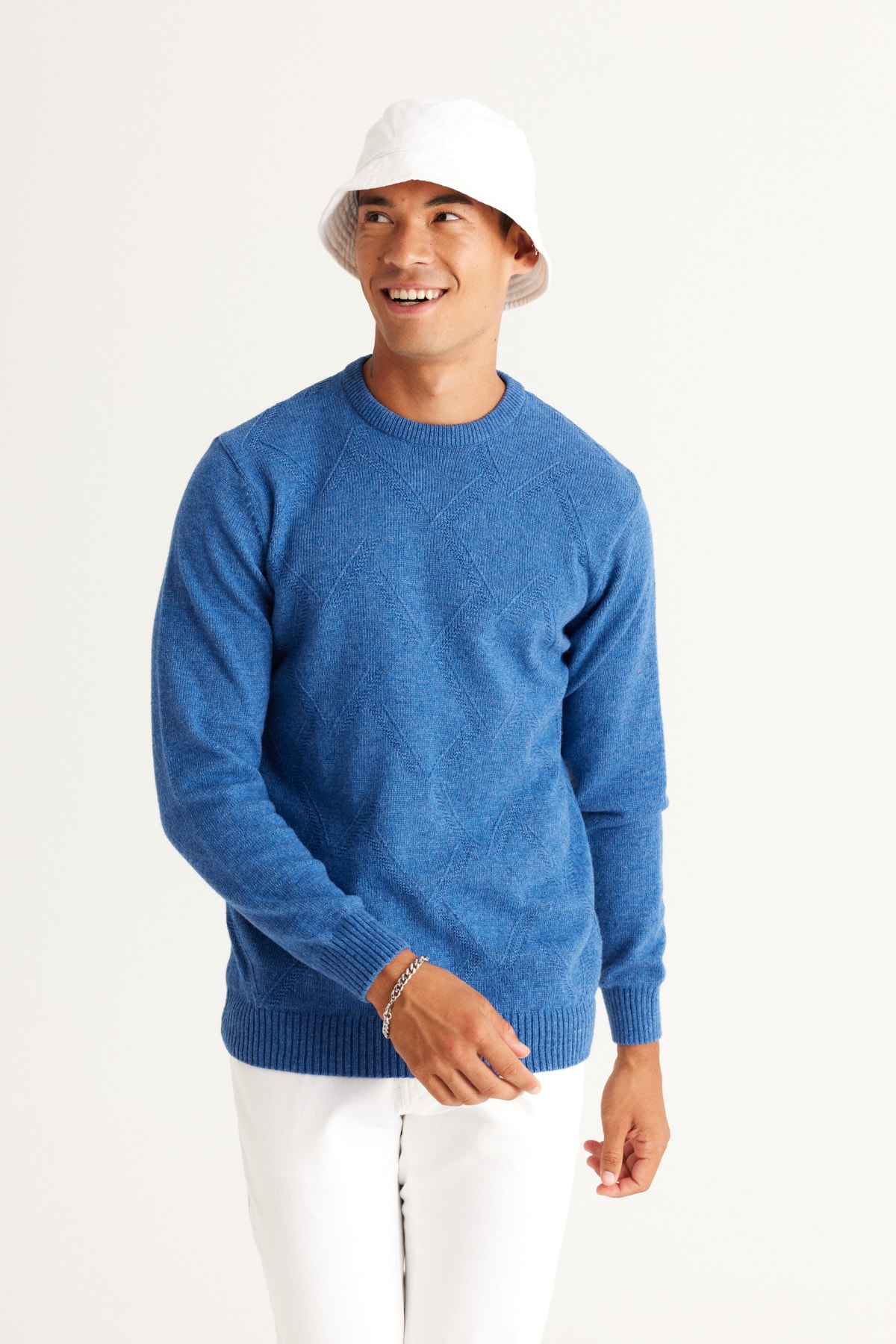 AC&Co / Altınyıldız Classics Men's Saks Blue Standard Fit Regular Cut Crew Neck Jacquard Knitwear Sweater