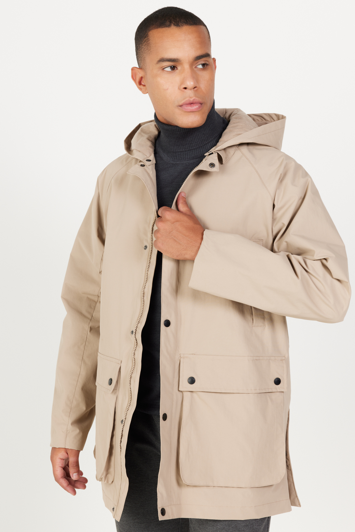 Levně AC&Co / Altınyıldız Classics Men's Beige Hooded Stand Collar Standard Fit Warm Windproof Coat