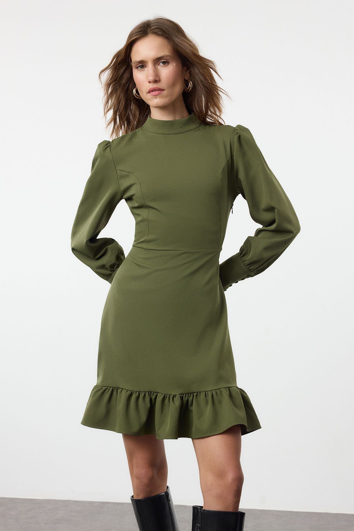 Trendyol Khaki A-Line Stand Collar Mini Woven Dress with Pleated Skirt
