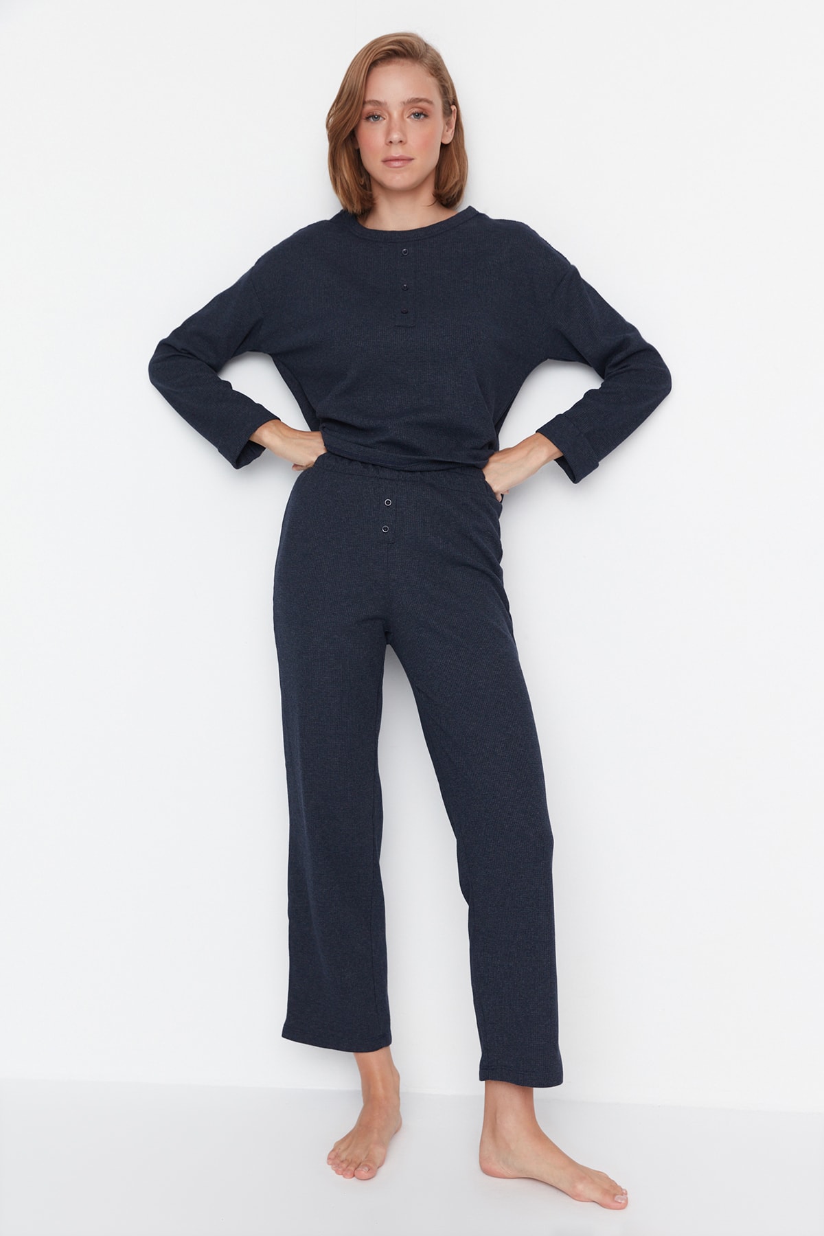 Trendyol Indigo Waffle Cotton Patch Detailed Knitted Pajama Set