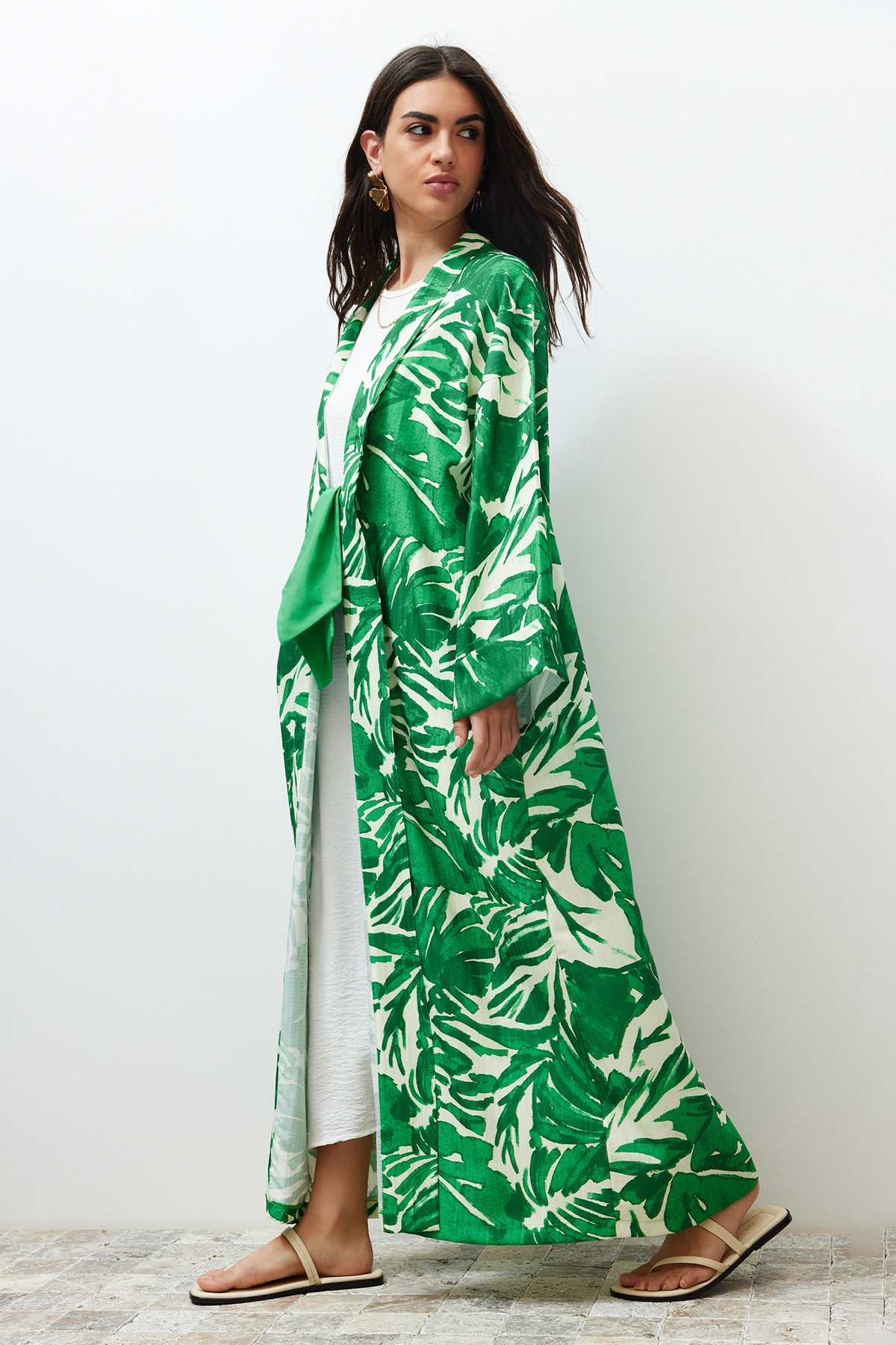 Trendyol Green Tropical Pattern Long Woven Kimono &amp; Kaftan