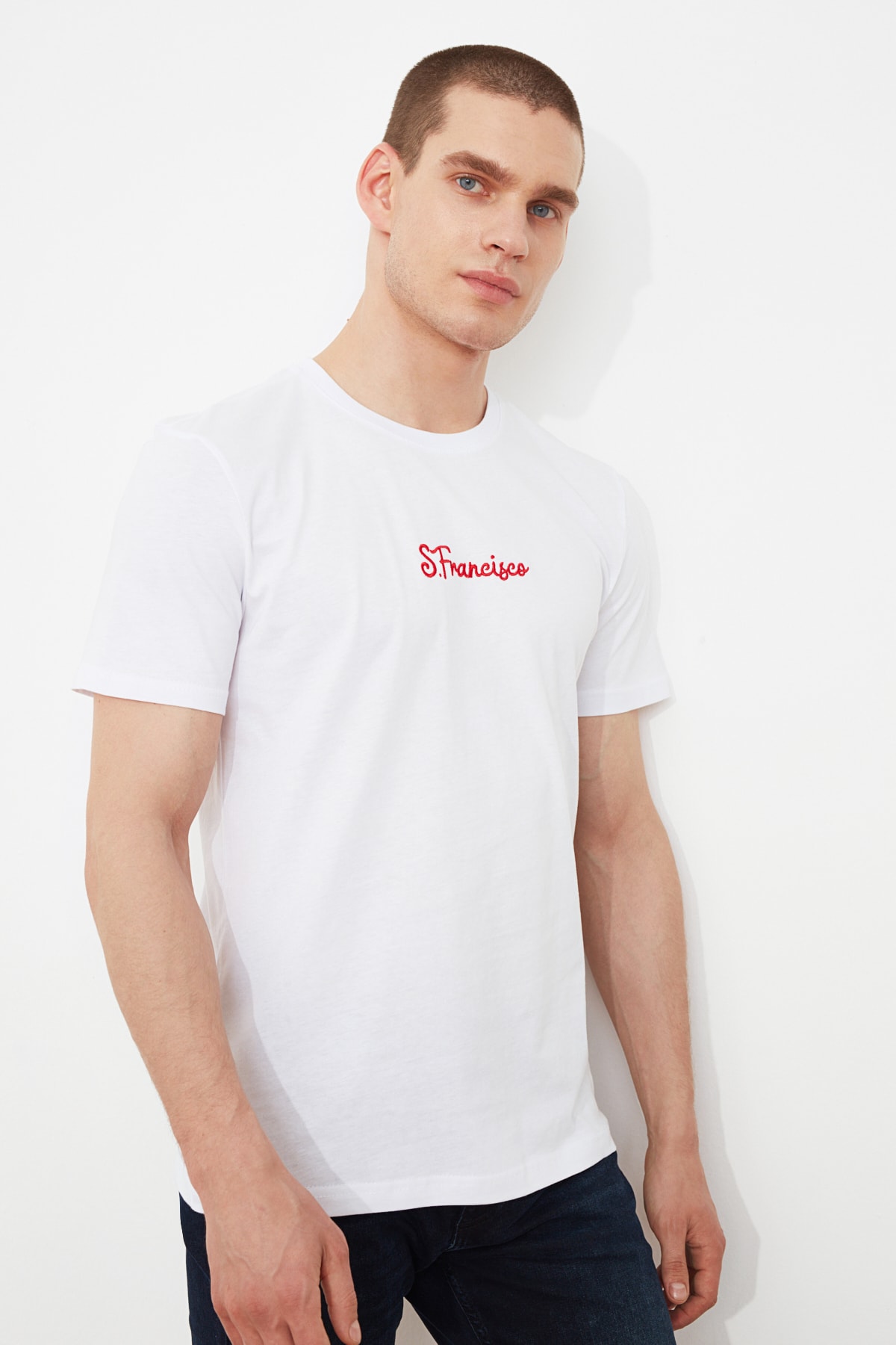 Trendyol White Men's Slim Fit Short Sleeve Embroidered T-...