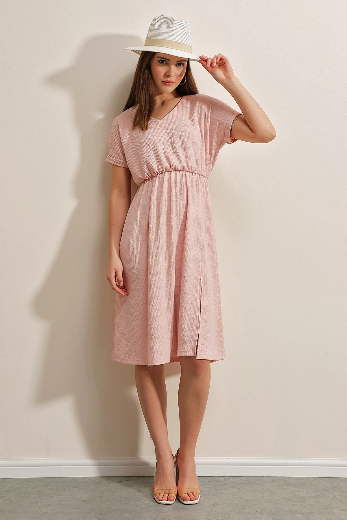 Bigdart 2378 V-Neck Knitted Dress with Slits - Powder