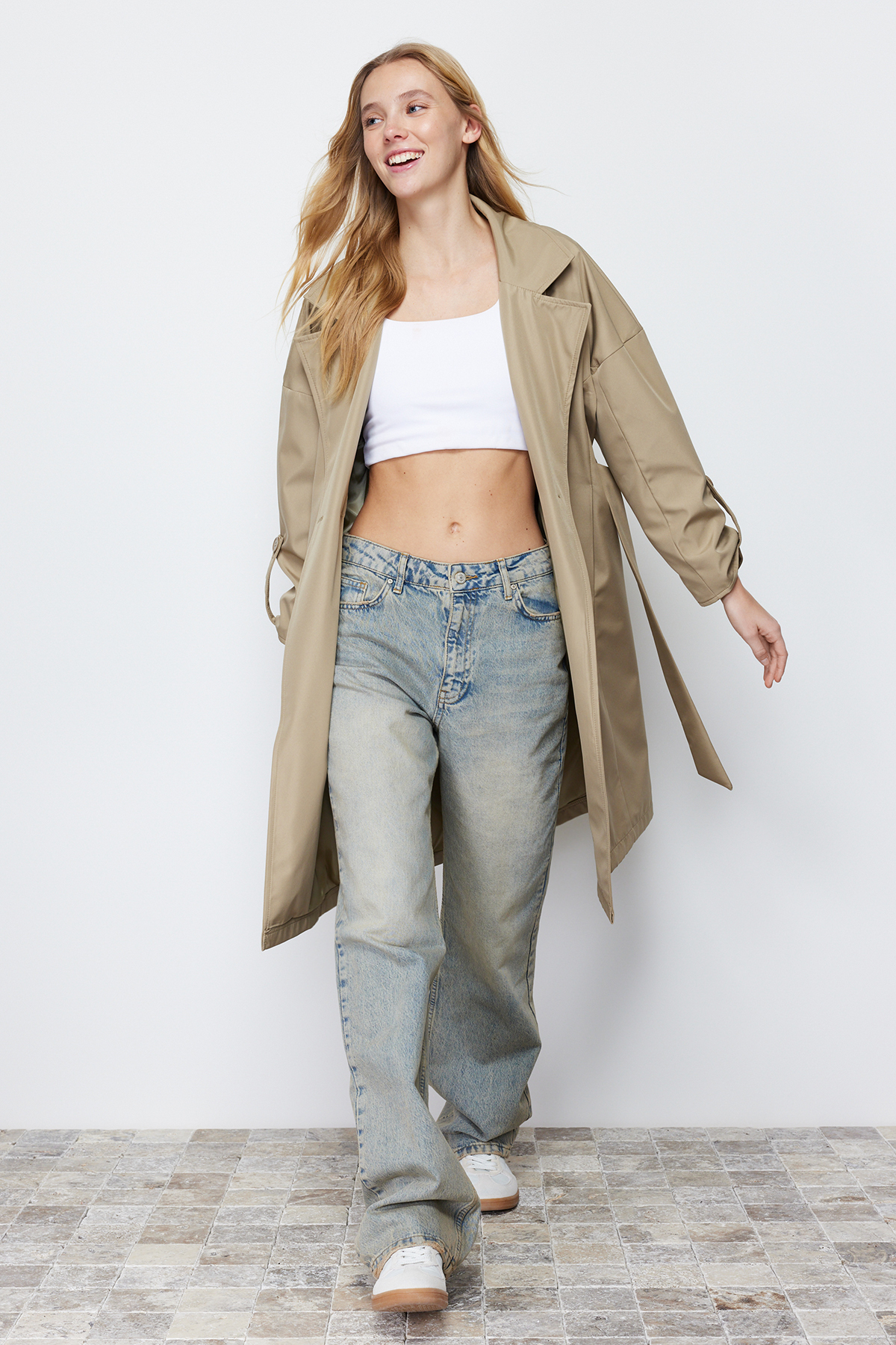 Trendyol Light Khaki Oversize Belted Water Repellent Long Trench Coat
