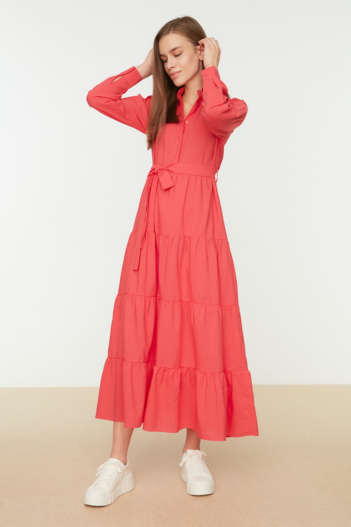Trendyol Coral Dominant Guler Belted Wide Fit Rochie țesută