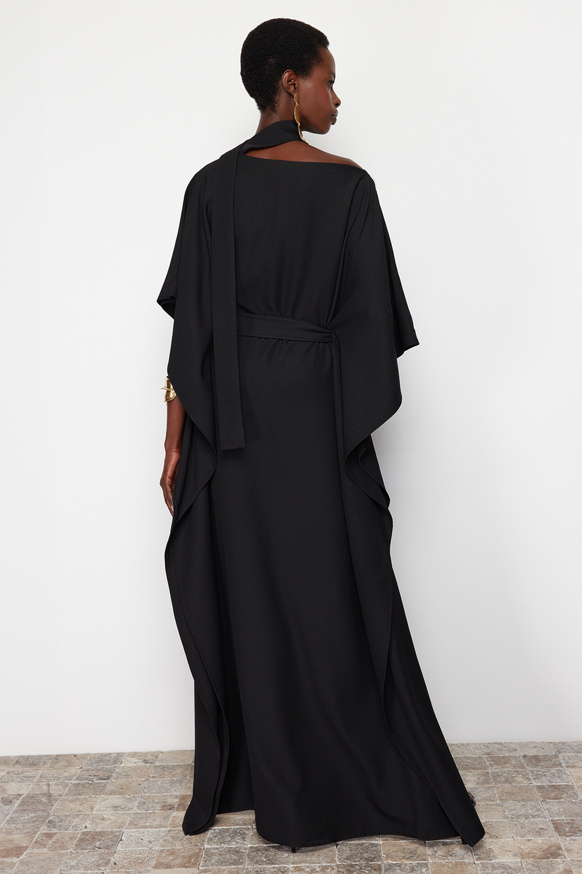 Trendyol Black A-Cut Belt Detailed Woven Long Elegant Evening Dress