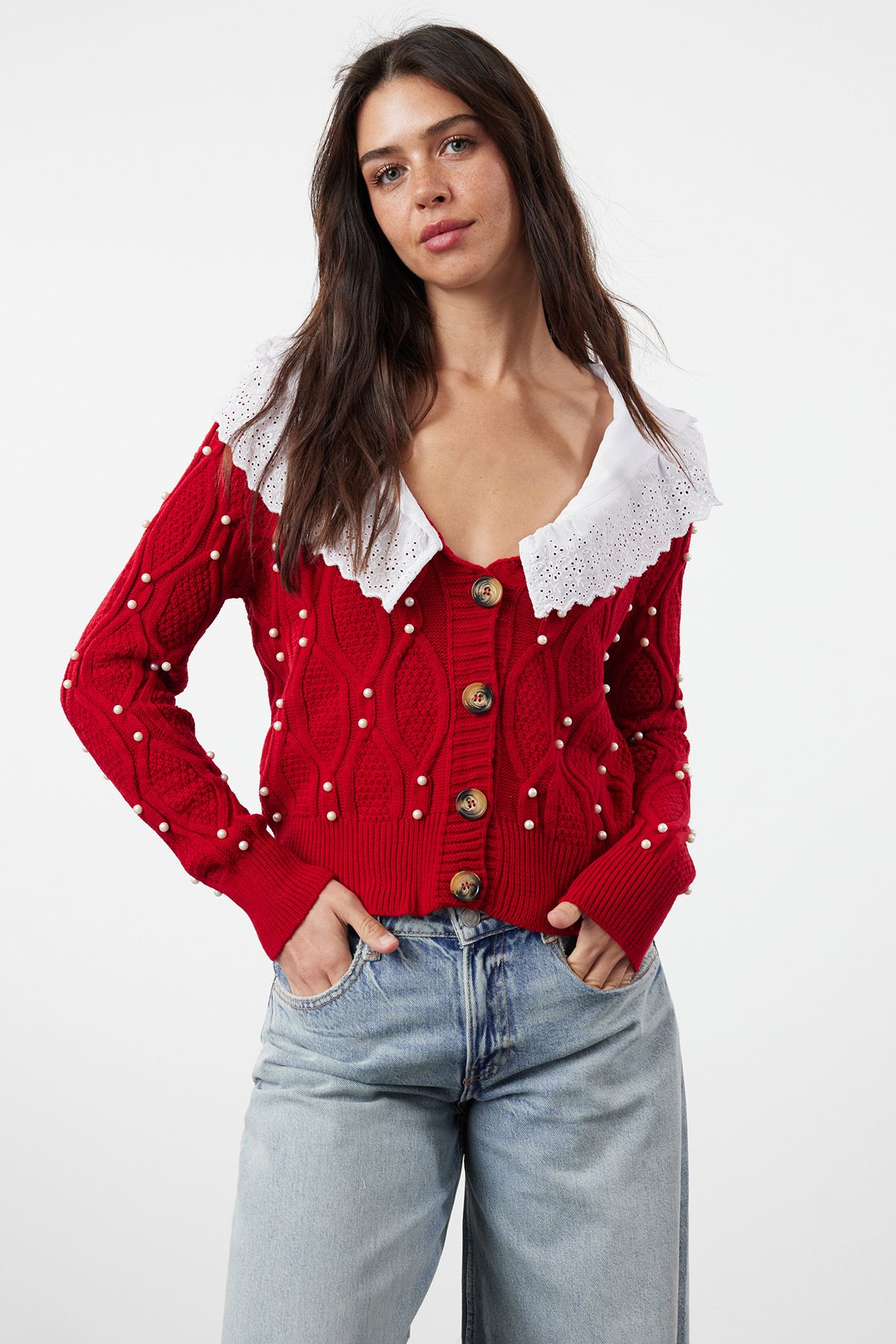 Trendyol Red Garni Detailed Knitwear Cardigan