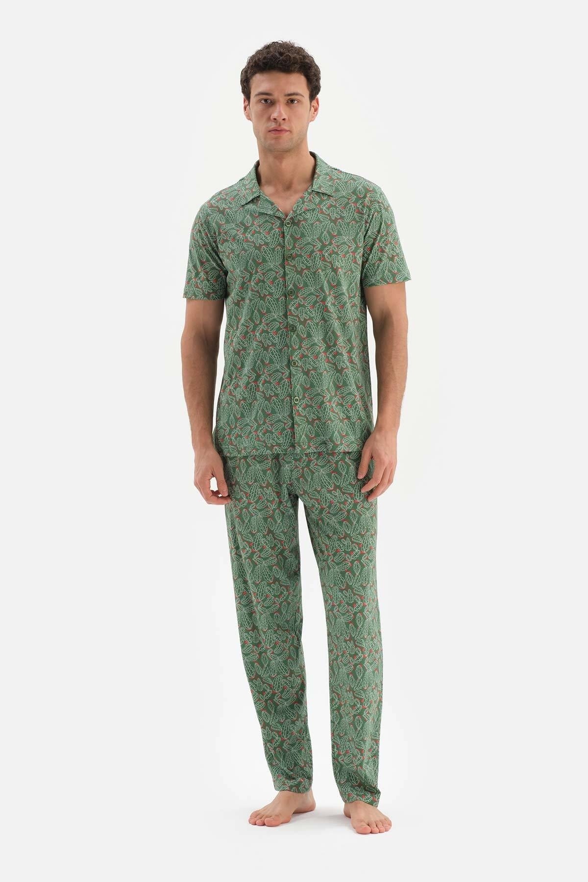 Dagi Green Shirt Collar Size Printed Modal Pajamas Set