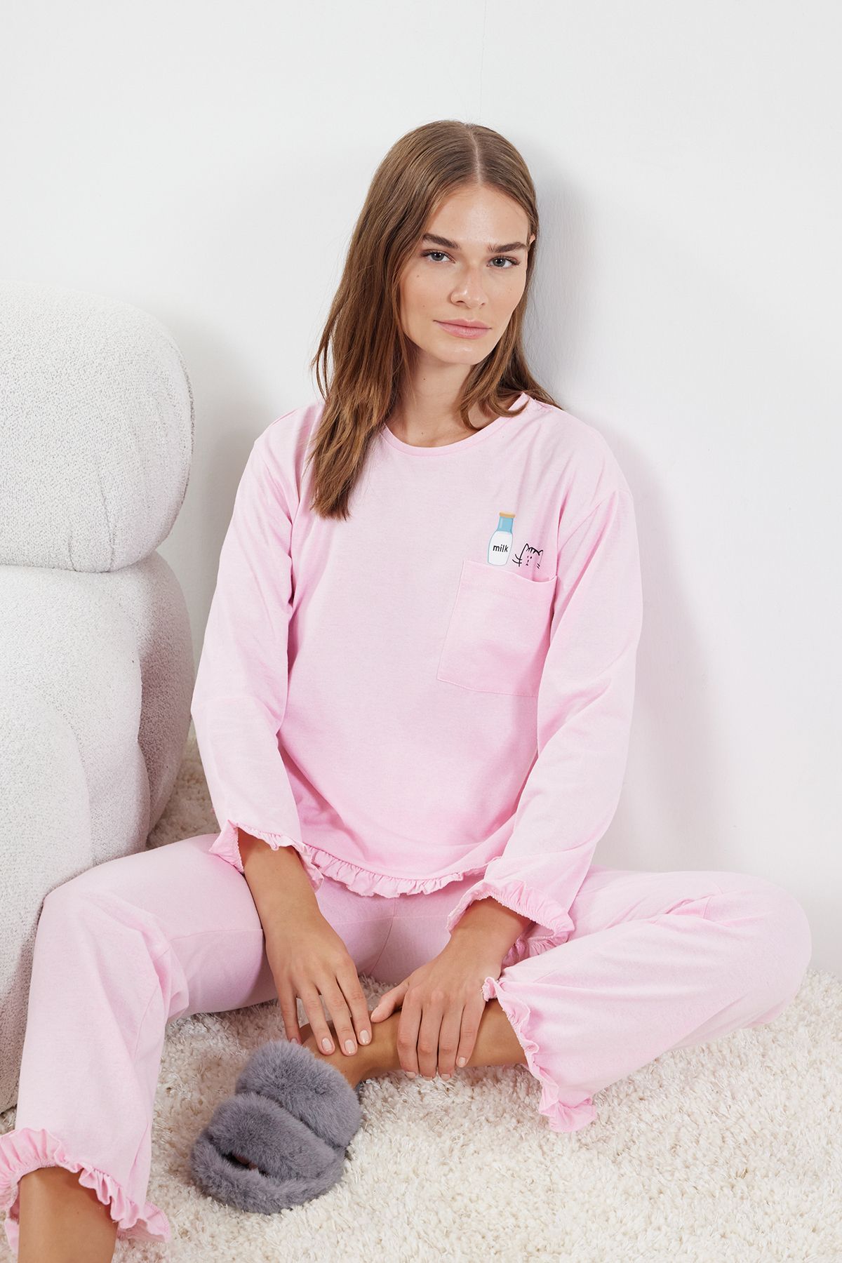 Trendyol Light Pink Cotton Printed Pocket Detailed Knitted Pajama Set