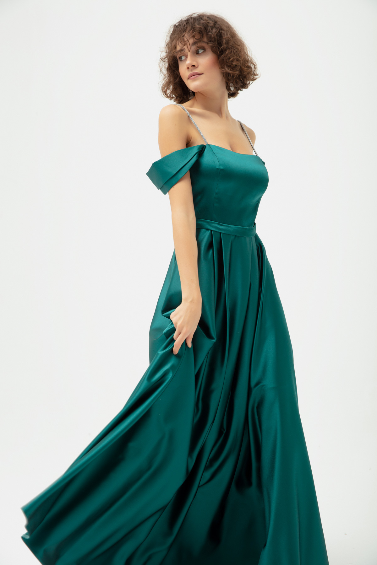 Levně Lafaba Women's Emerald Green Stone Strap Flared Cut Long Evening Dress