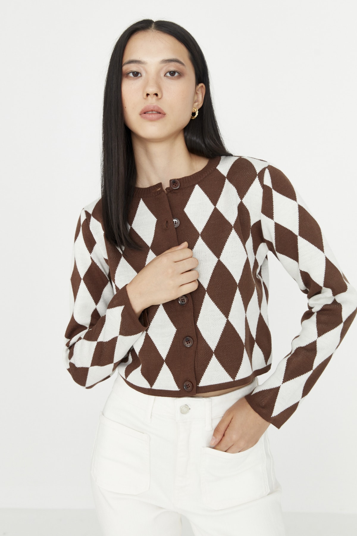 Trendyol Brown Jacquard Knitwear Cardigan