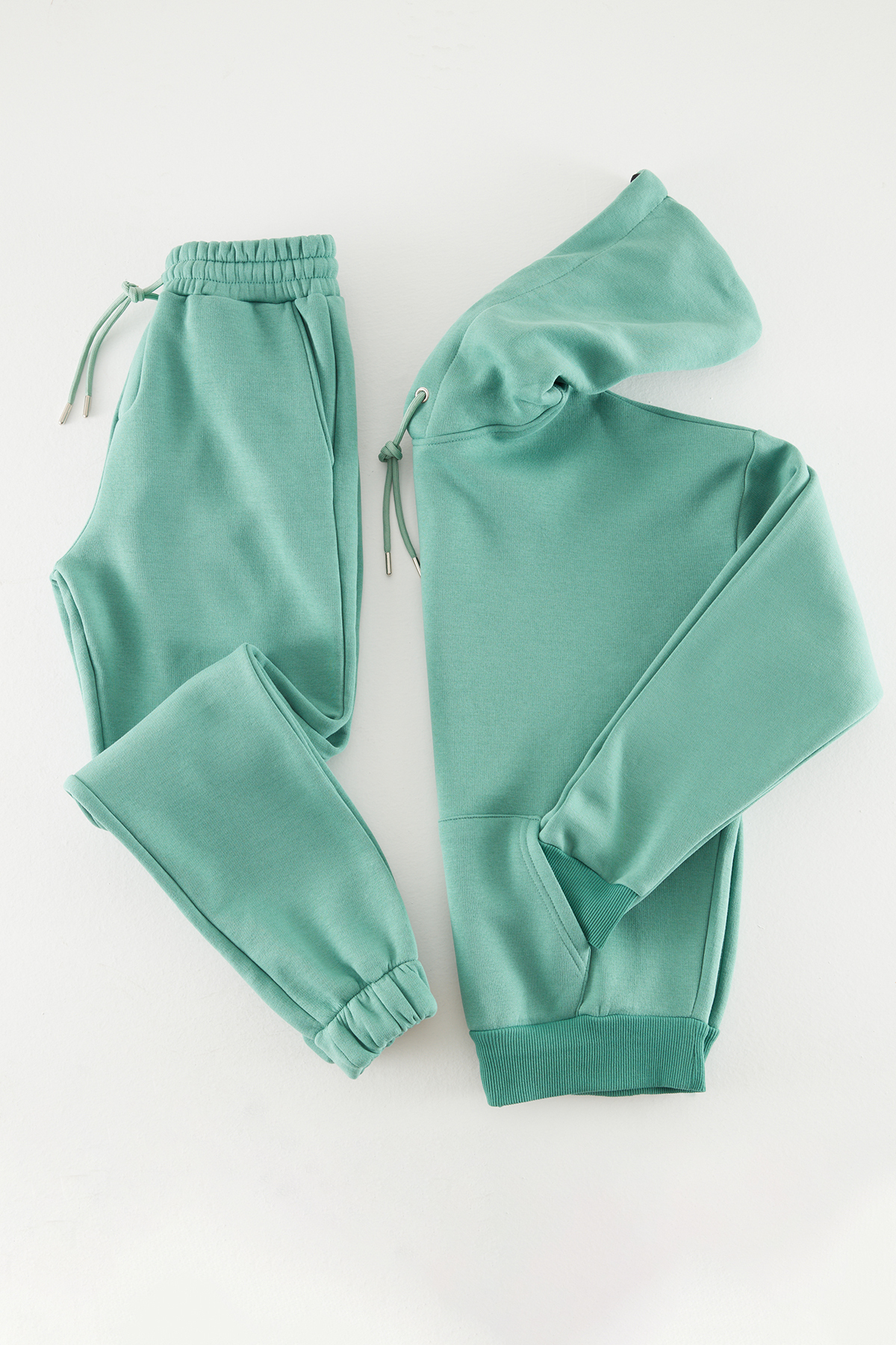 Levně Trendyol Green Tracksuit Oversize/Wide-Fit Hooded Elastic Leg Fleece Inner