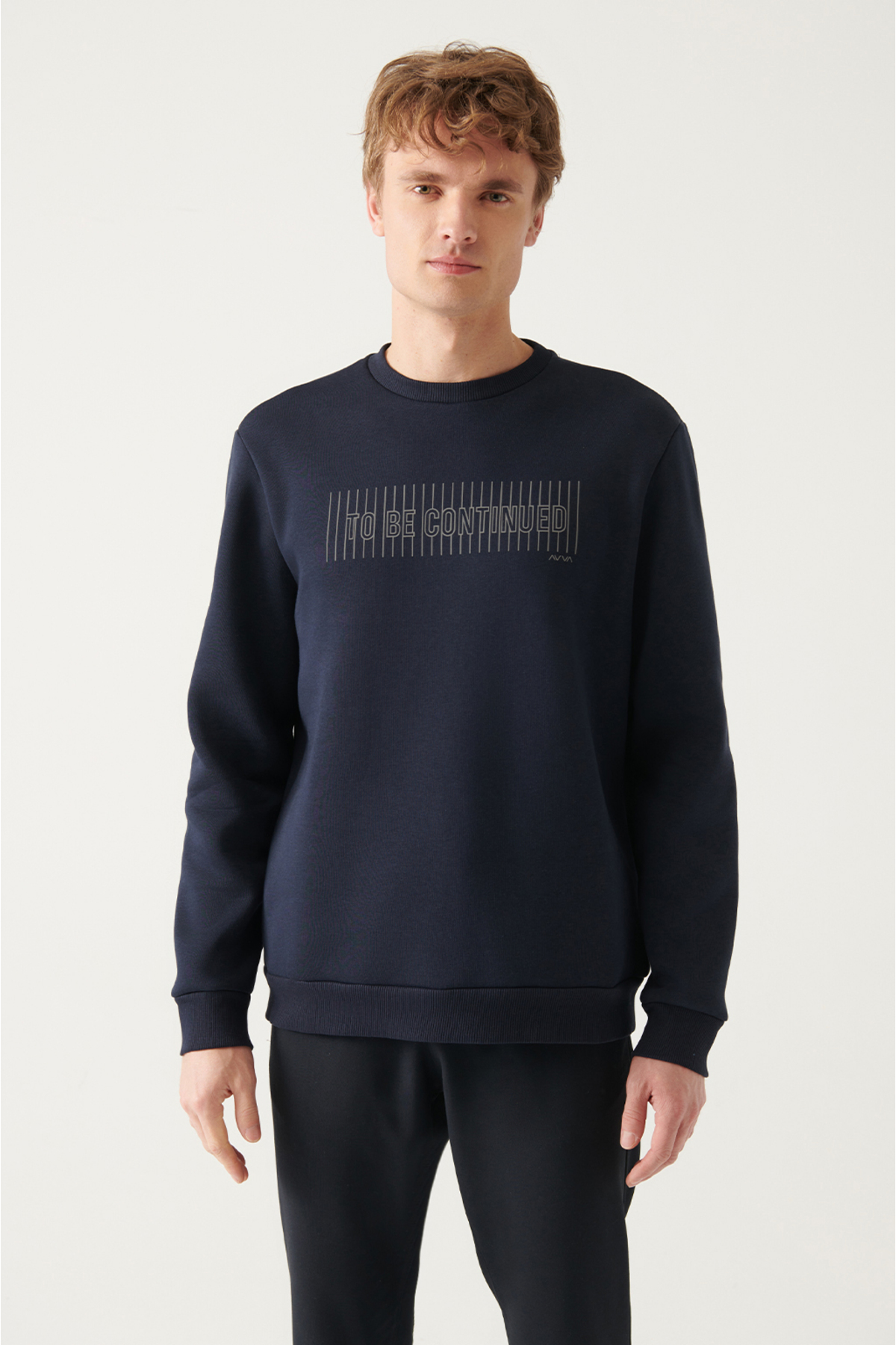 Avva Men's Navy Blue Crew Neck 3 Thread Fleece Inside Printed Standard Fit Regular Cut Sweatshirt