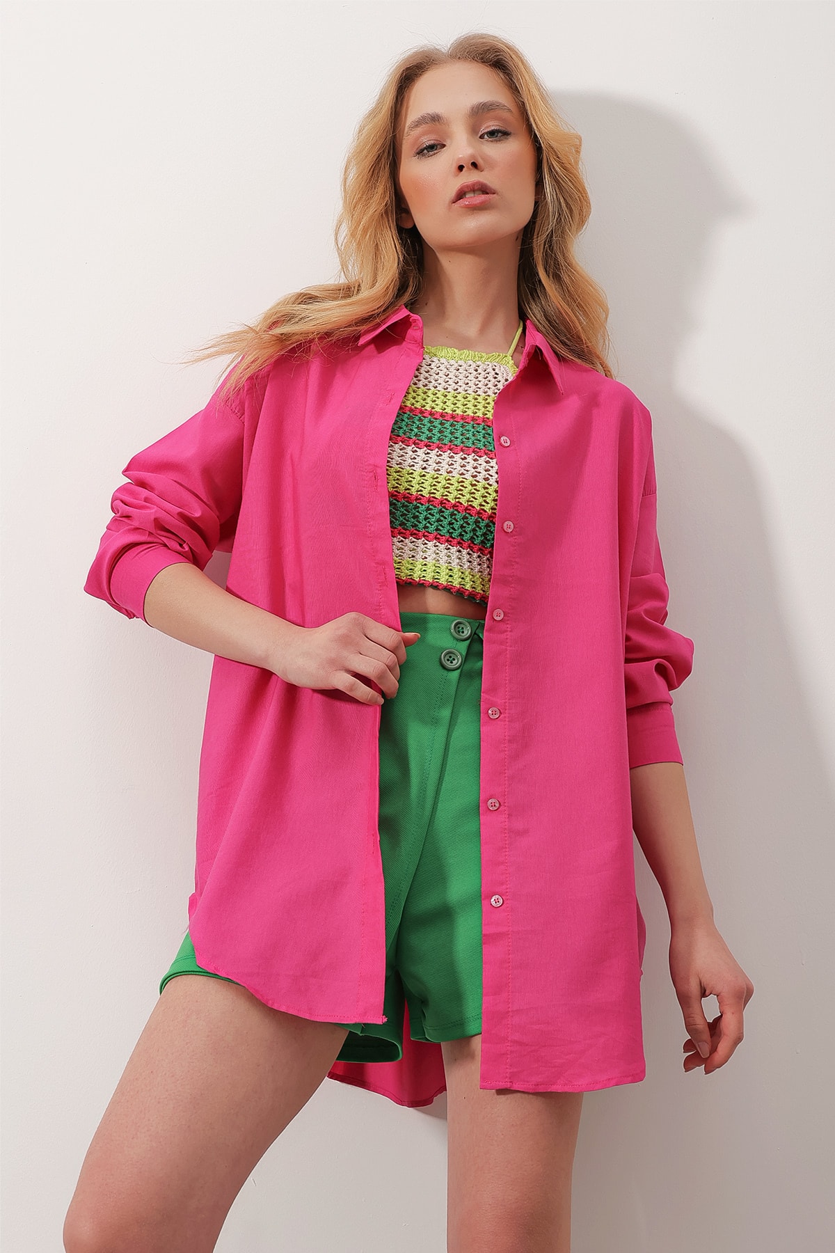 Trend Alaçatı Stili Women's Pink Long Woven Boyfriend Shirt