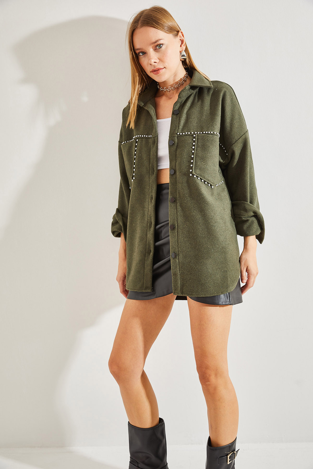 Jachetă Bianco Lucci Women's Stone Embroeded Cachet cu buzunare duble