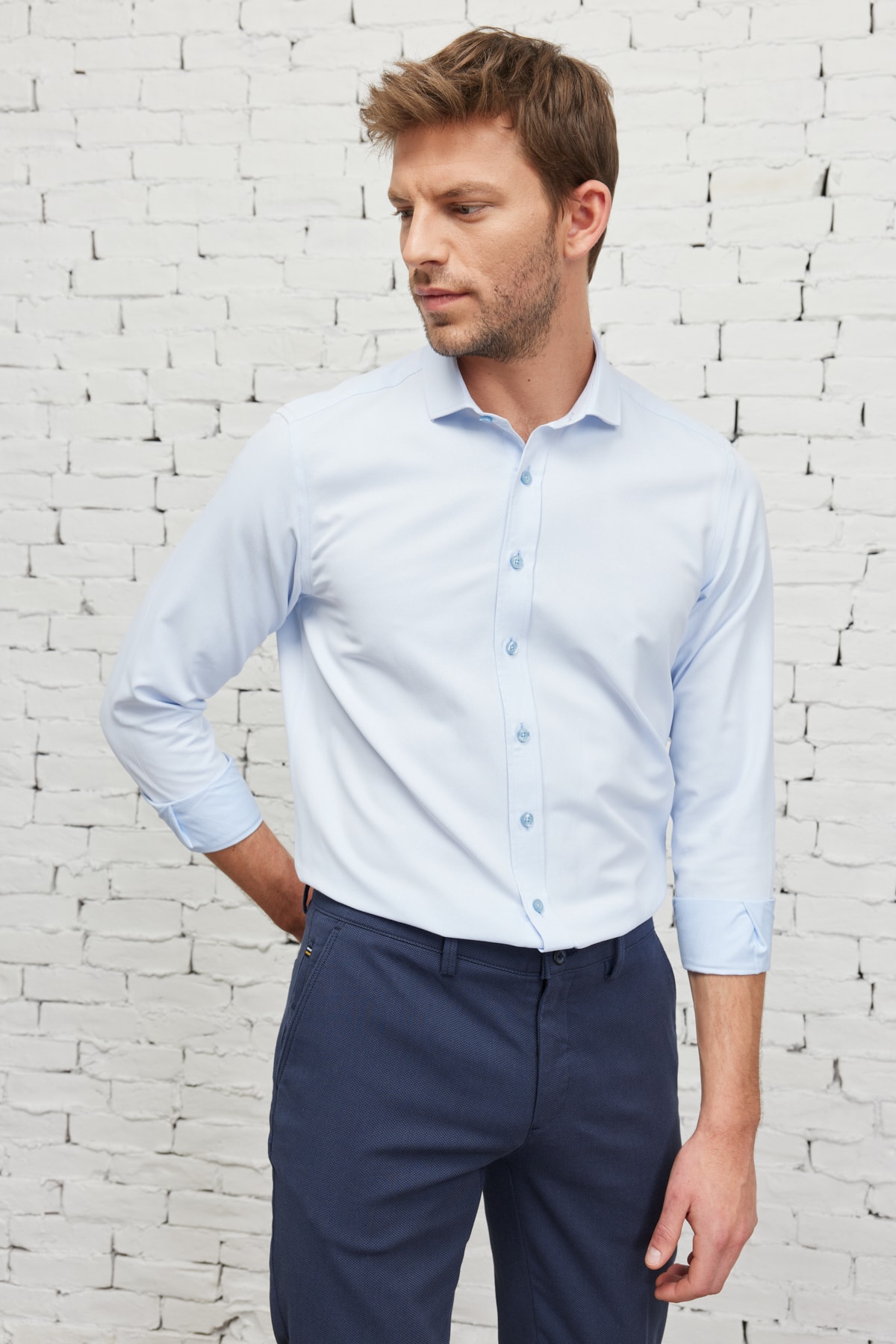 Levně AC&Co / Altınyıldız Classics Men's Blue Slim Fit Slim Fit Italian Collar Dobby Shirt.