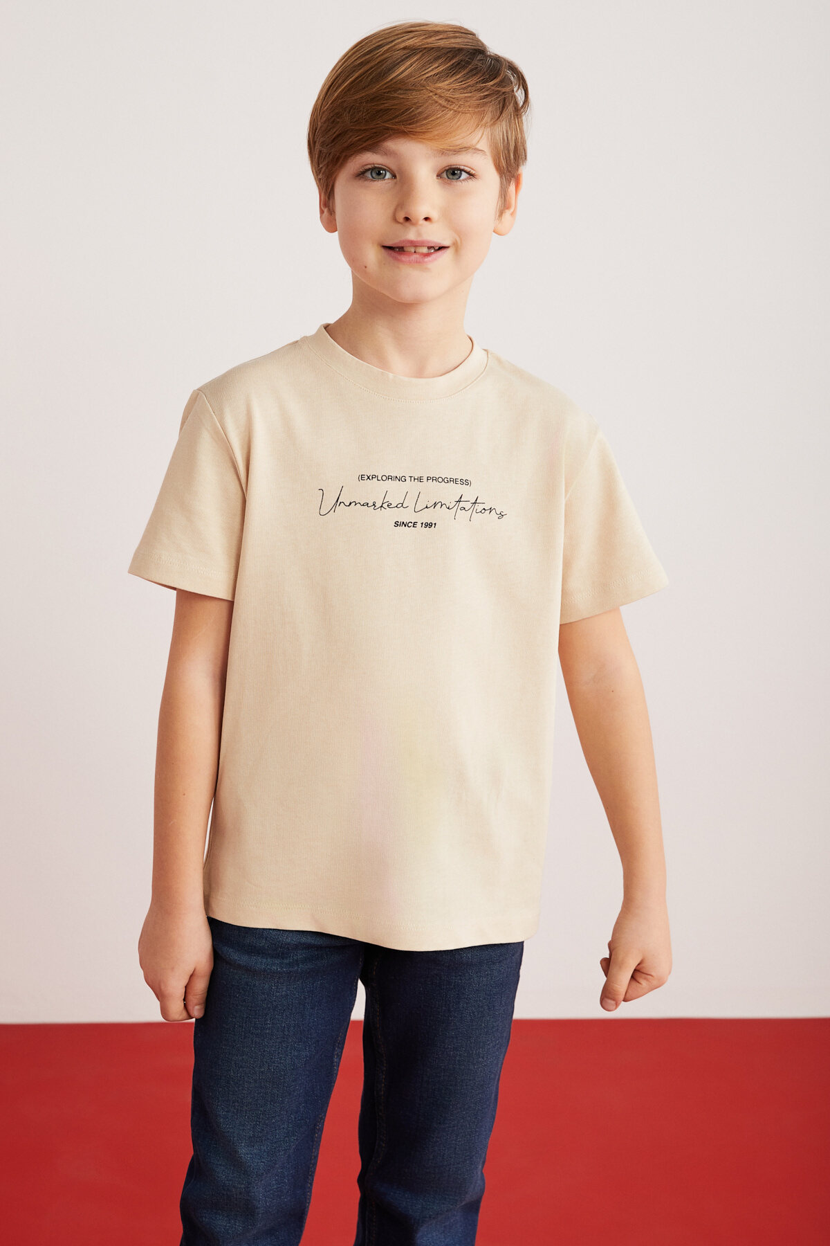 GRIMELANGE Rune Boy's 100% Cotton Short Sleeve Piece Printed Crew Neck Beige T-shirt