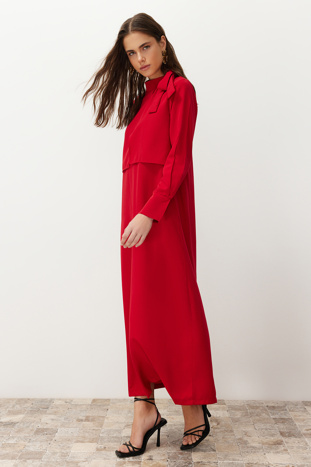 Trendyol Burgundy Collar Tie Detailed Woven Dress