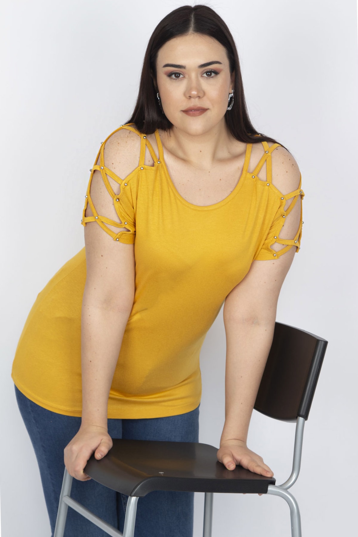 Levně Şans Women's Plus Size Mustard Sleeve Detail Viscose Blouse