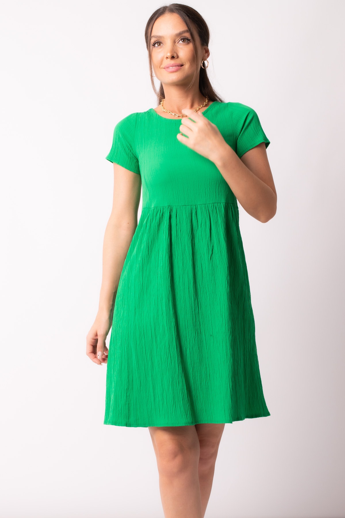 Levně armonika Women's Green Low-cut Back Elastic Detailed Short Sleeve Dress