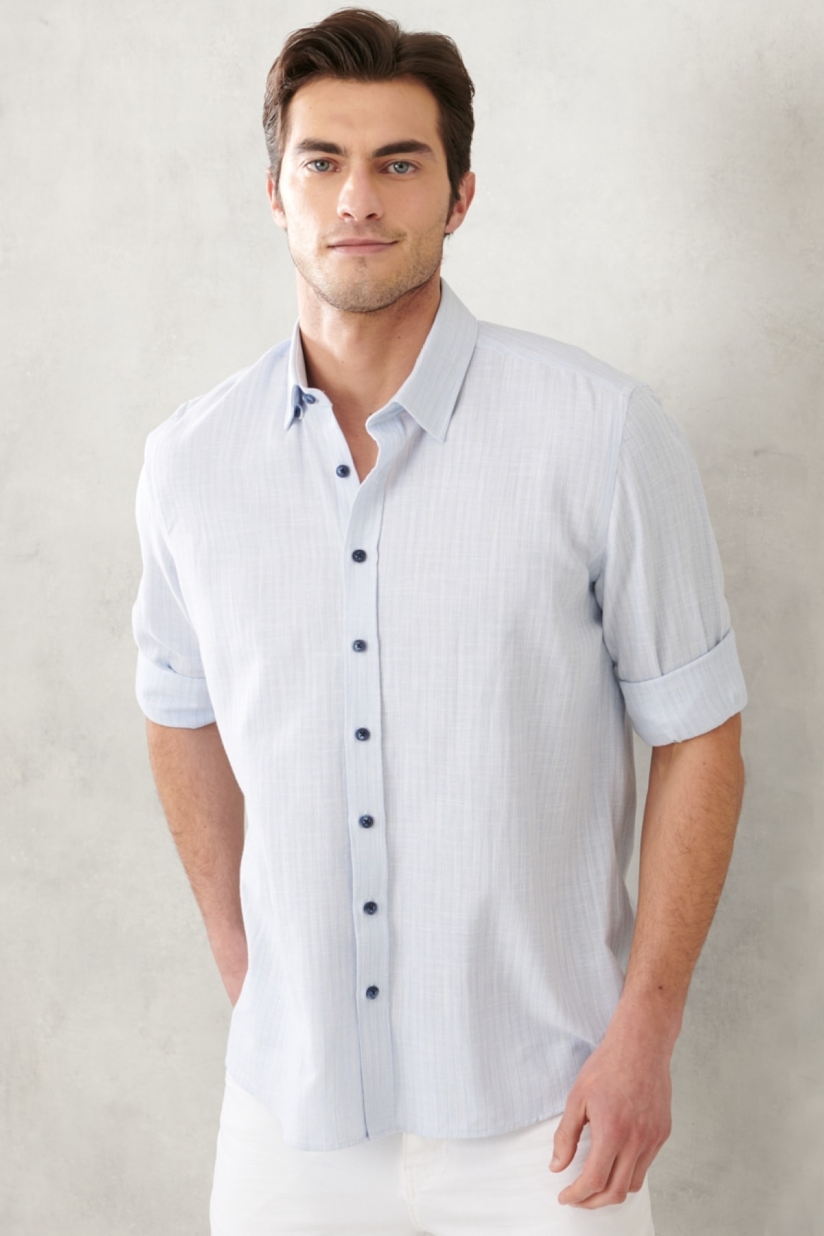 AC&Co / Altınyıldız Classics Men's Light Blue Slim Fit Slim Fit Hidden Button Collar Linen Look 100% Cotton Flamed Shirt