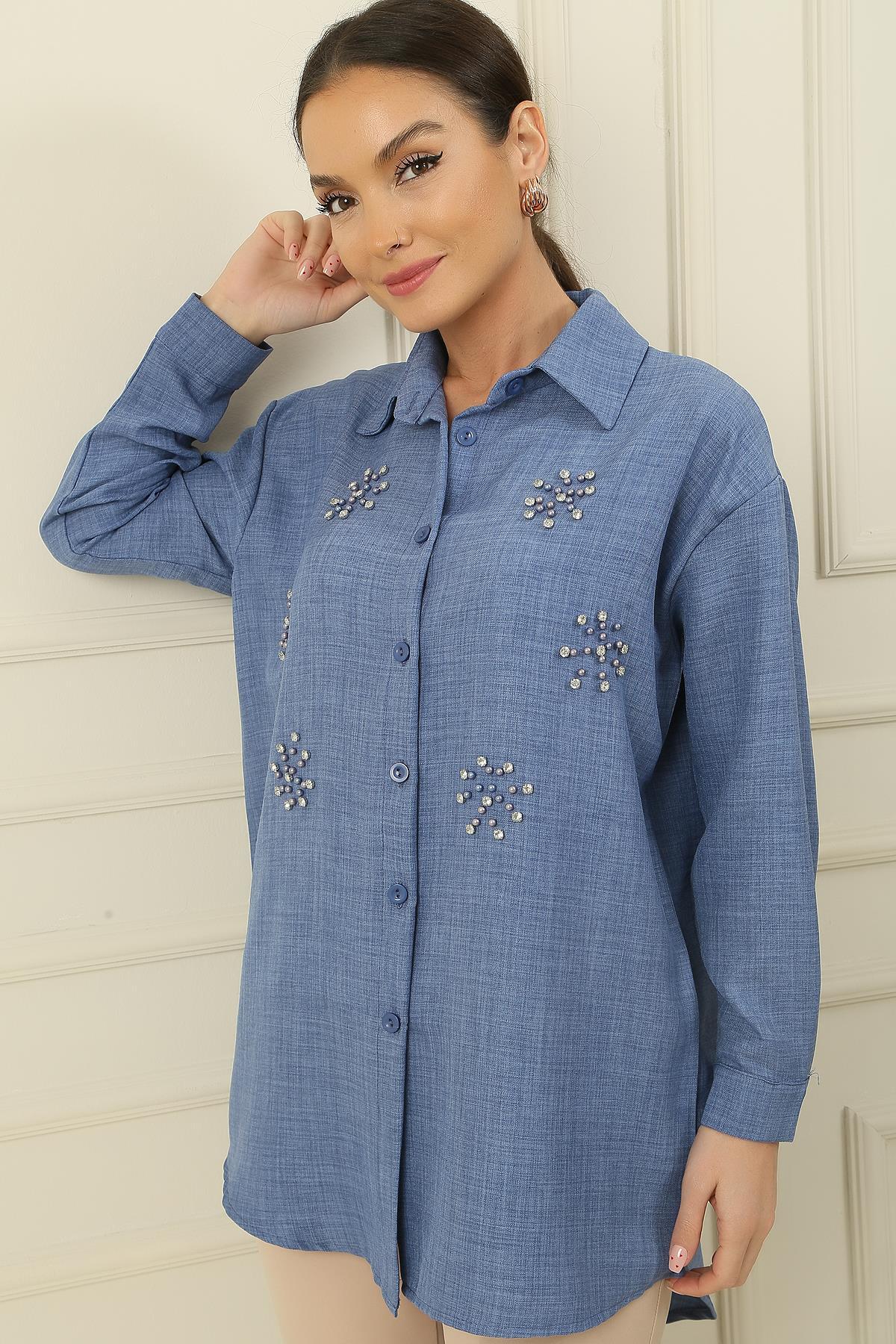 Levně By Saygı Pearl-Stone Detailed Linen Effect Shirt