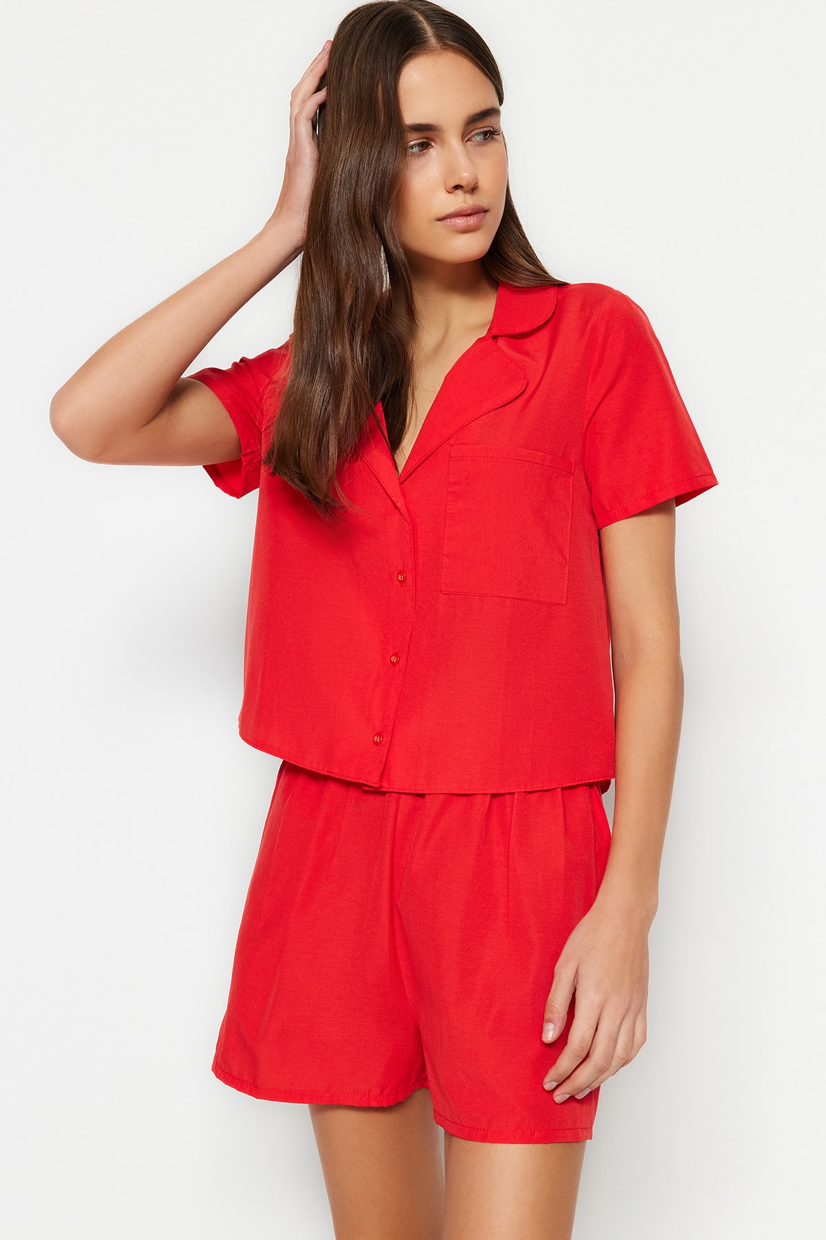 Levně Trendyol Dark Red Terrycotton Shirt-Shorts Woven Pajamas Set
