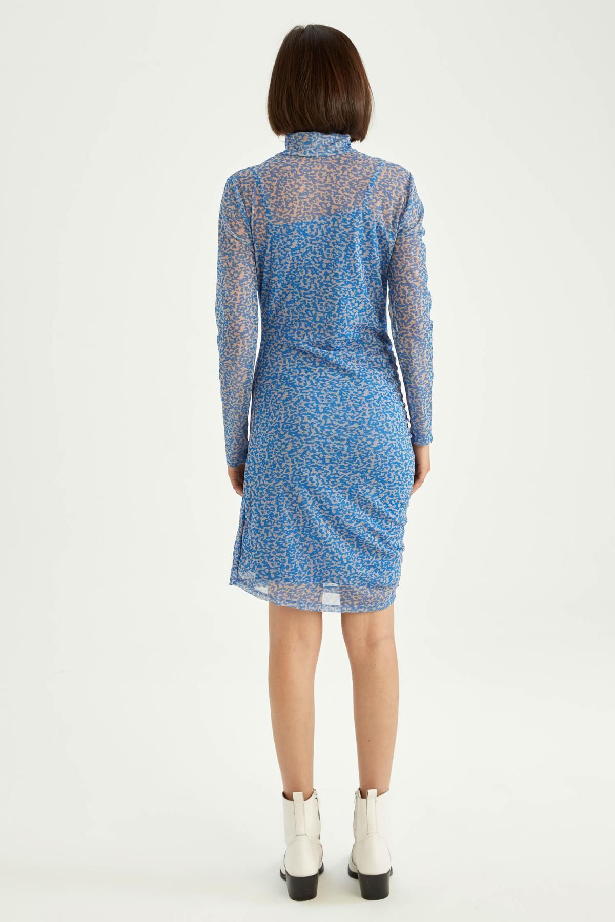 DEFACTO Bodycon Bodycon Half Turtleneck Patterned Tulle Long Sleeve Mini Dress