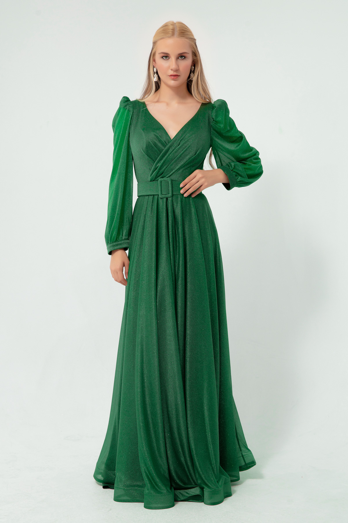 Levně Lafaba Women's Emerald Green, Double Breasted Collar, Glittery Long Flare Evening Dress.