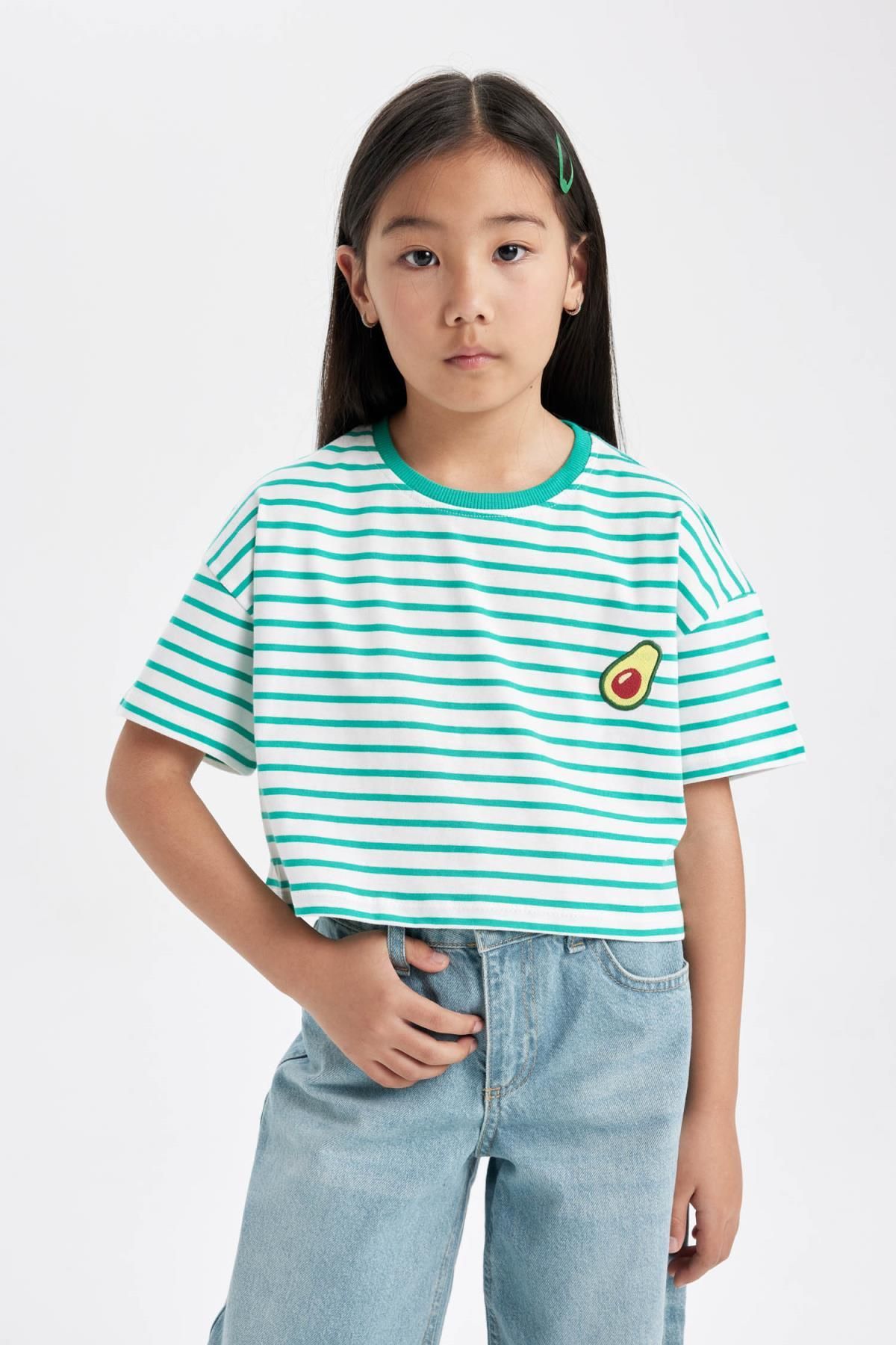 DEFACTO Girl's Crew Neck Striped Short Sleeve T-Shirt