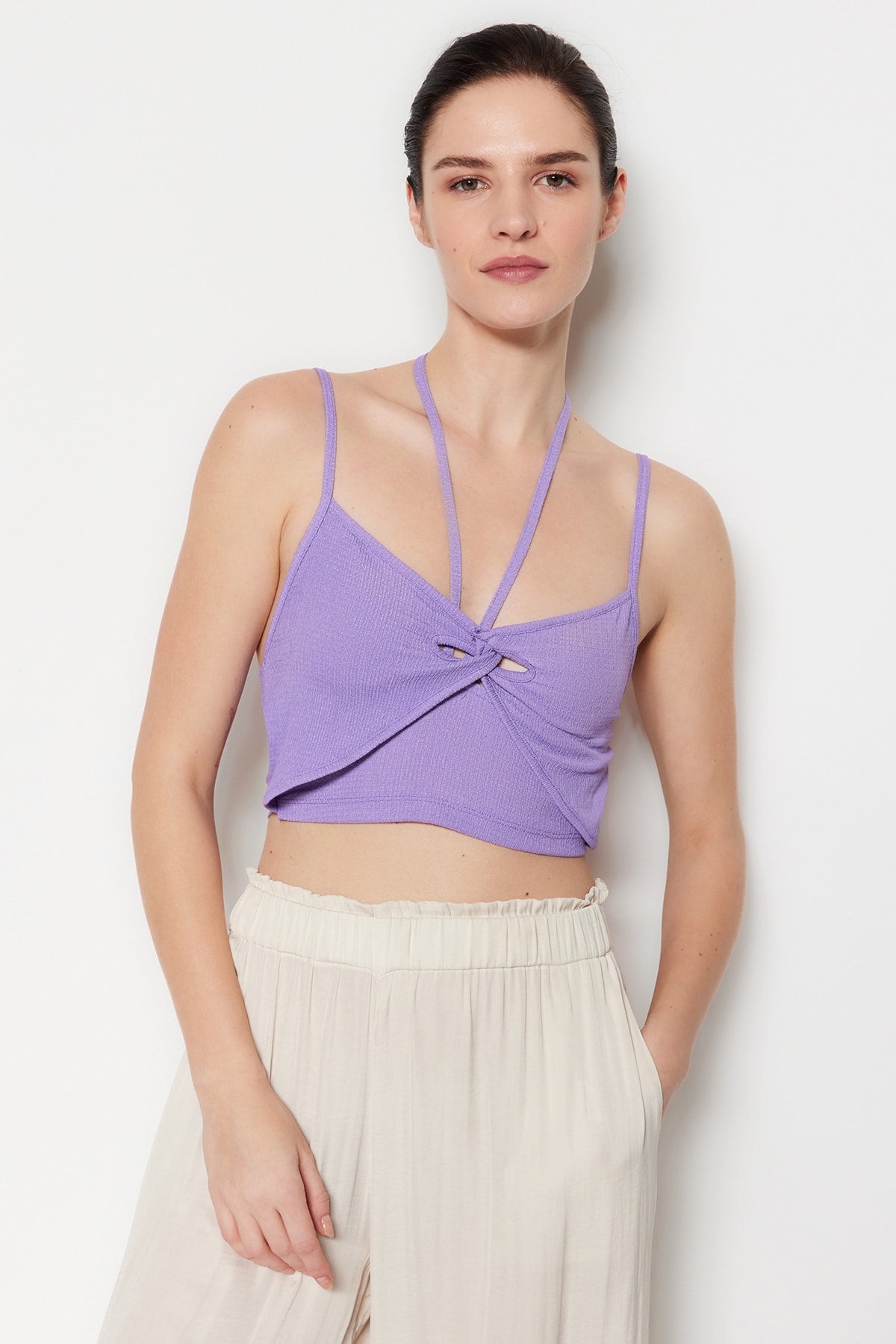 Trendyol Lilac Hangers And Window/Cut-Out Detail Knitted Crepe Knit Blouse