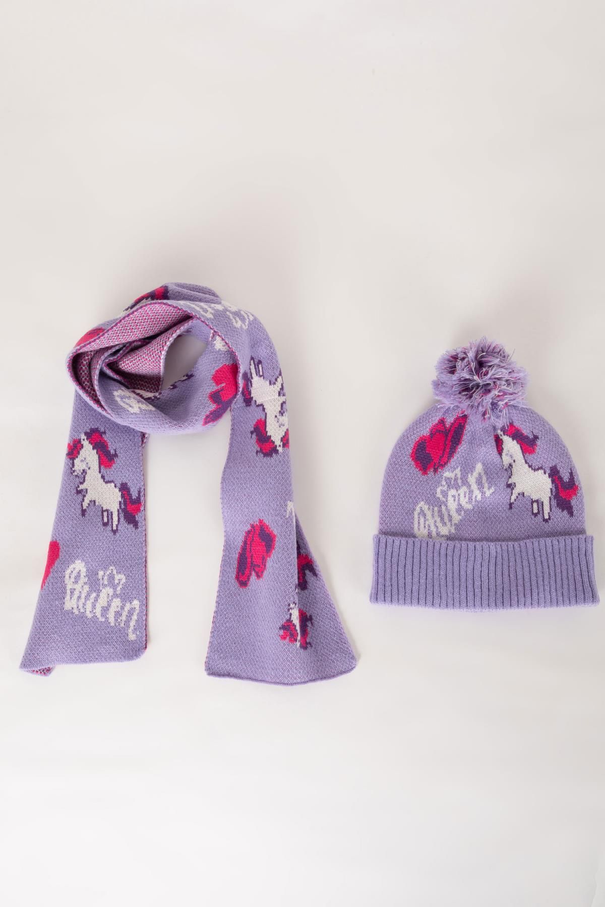 DEFACTO Girl's Unicorn Patterned Scarf and Beret Set of 2