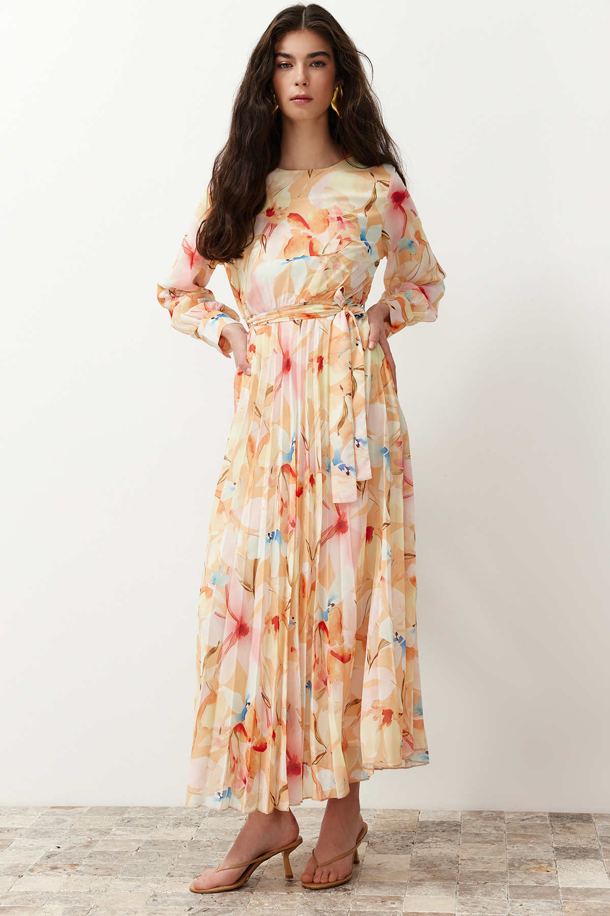 Trendyol Multi Color Floral Sash Detailed Lined Pleated Chiffon Woven Dress