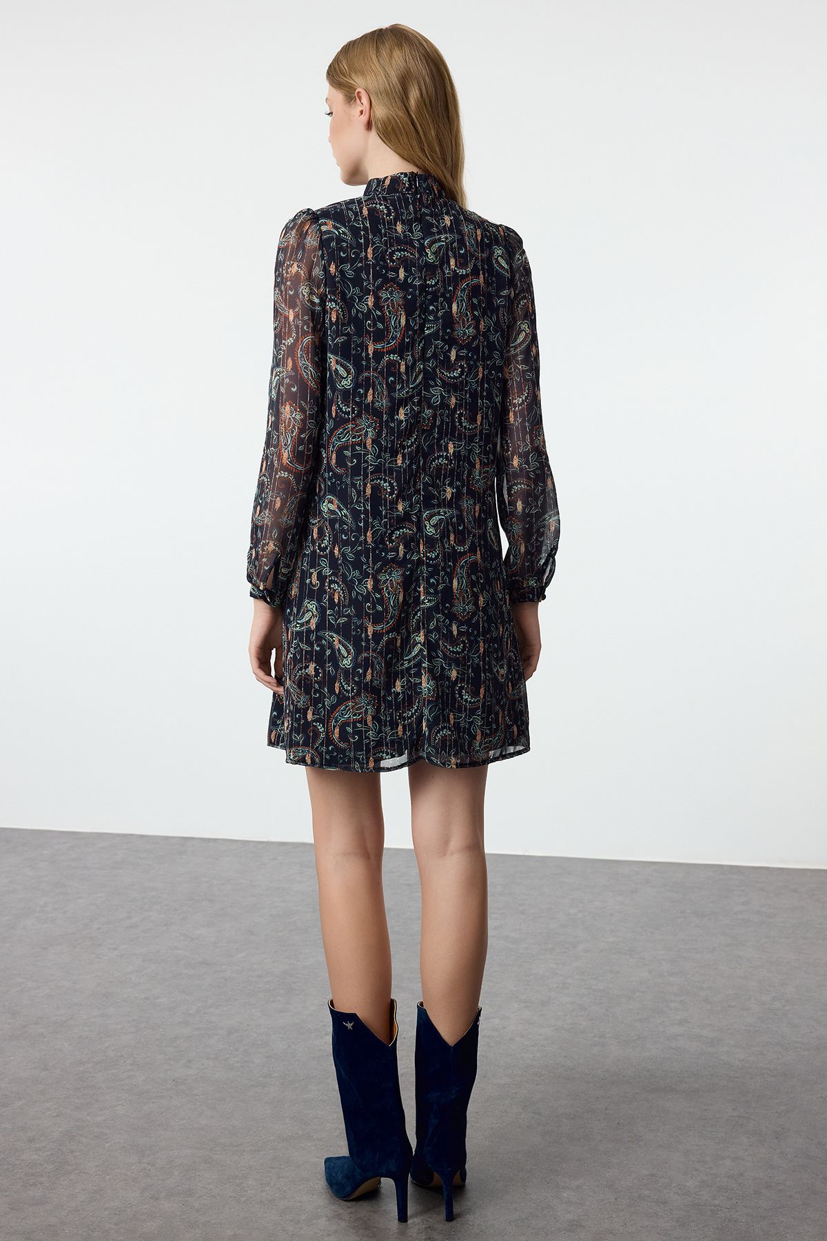 Trendyol Navy Blue Shawl Patterned Straight Cut Mini Lined Woven Winter Dress