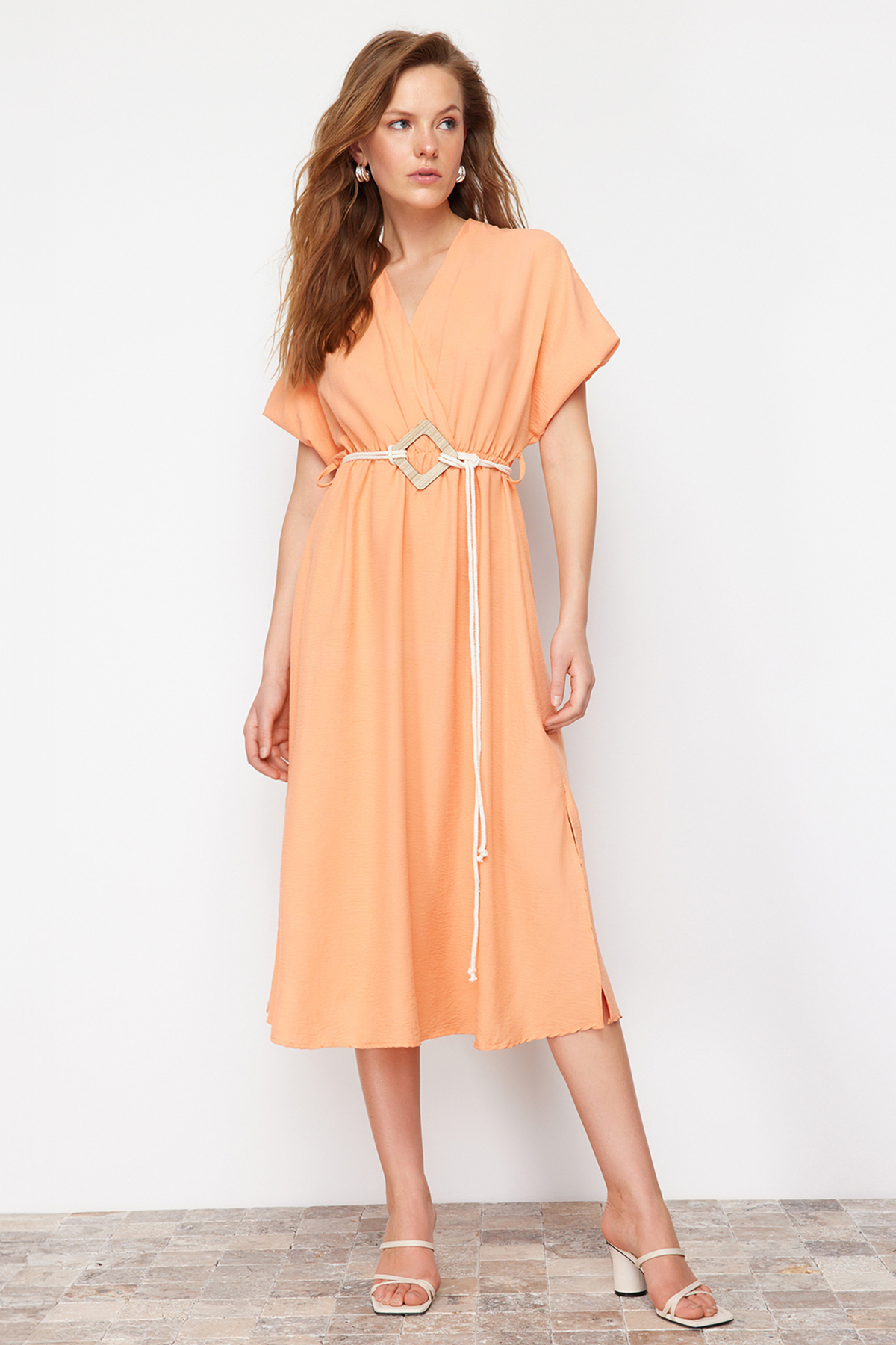 Trendyol Orange Straight A-line Double Breasted Collar Balloon Sleeve Belt Detailed Lily Maxi Dress