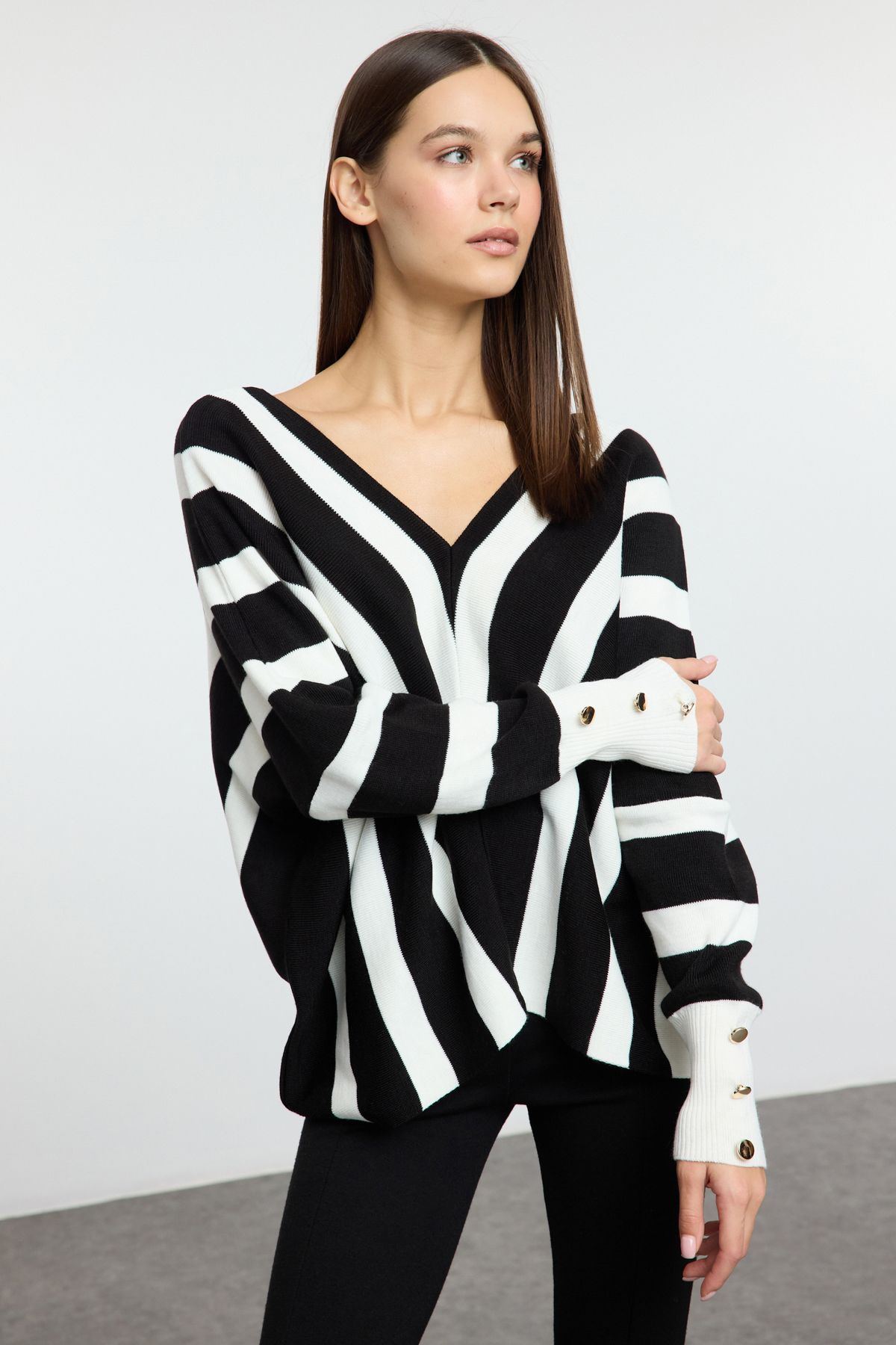 Trendyol Black Deep V Neck Striped Knitted Sweater